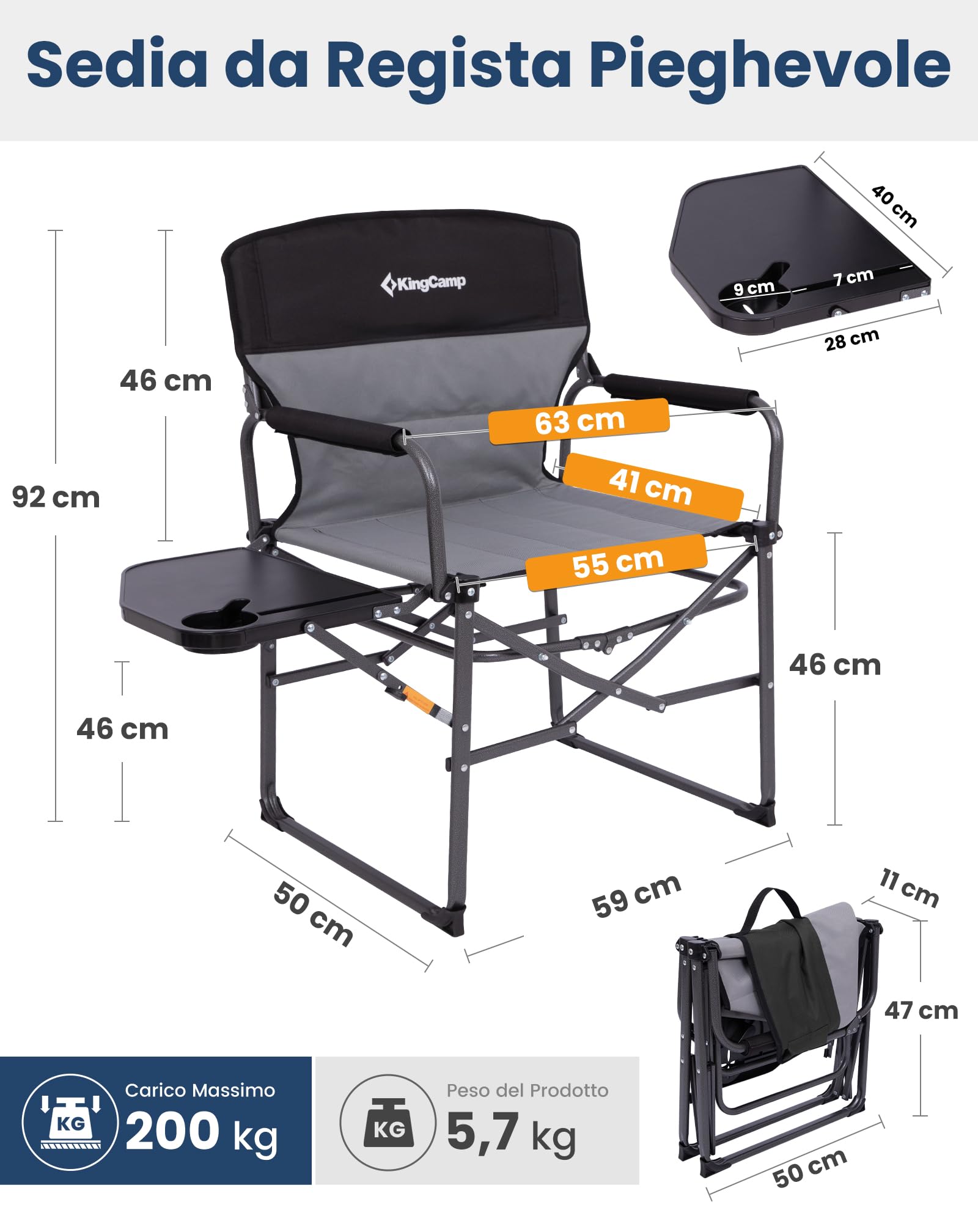 KingCamp Compatta Sedia da Regista Camping Pieghevole, Fino al 200 kg | Sedia da Campeggio Imbottita, Tavolino Laterale, Pacchetto Piccolo, Sedie da Pesca Portatile per Campeggio Spiaggia Giardino