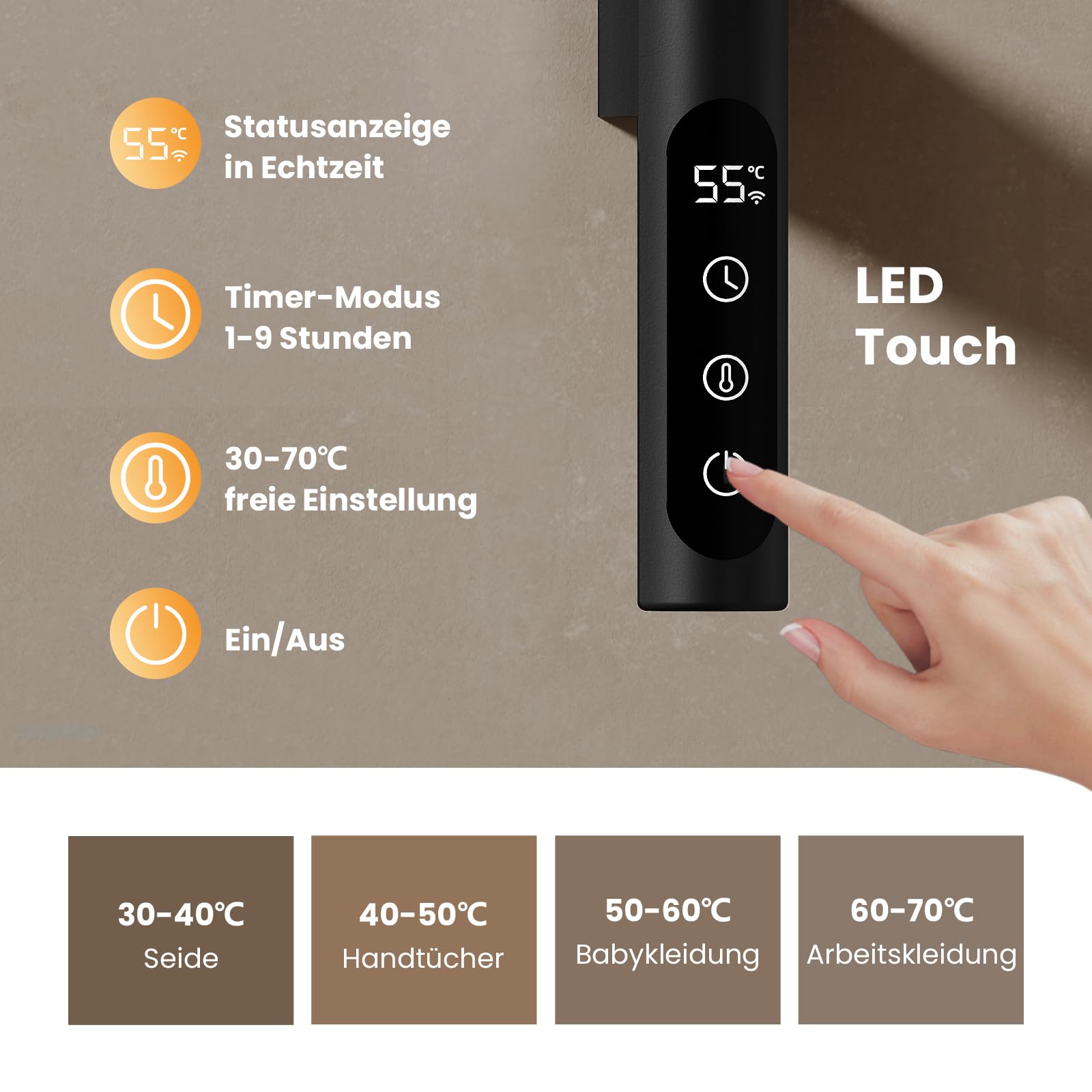 EMKE Radiador eléctrico para toallas, giratorio de 180 grados, calefactor de baño, eléctrico con rack, wifi, toallero, toallero, eléctrico, negro, 125