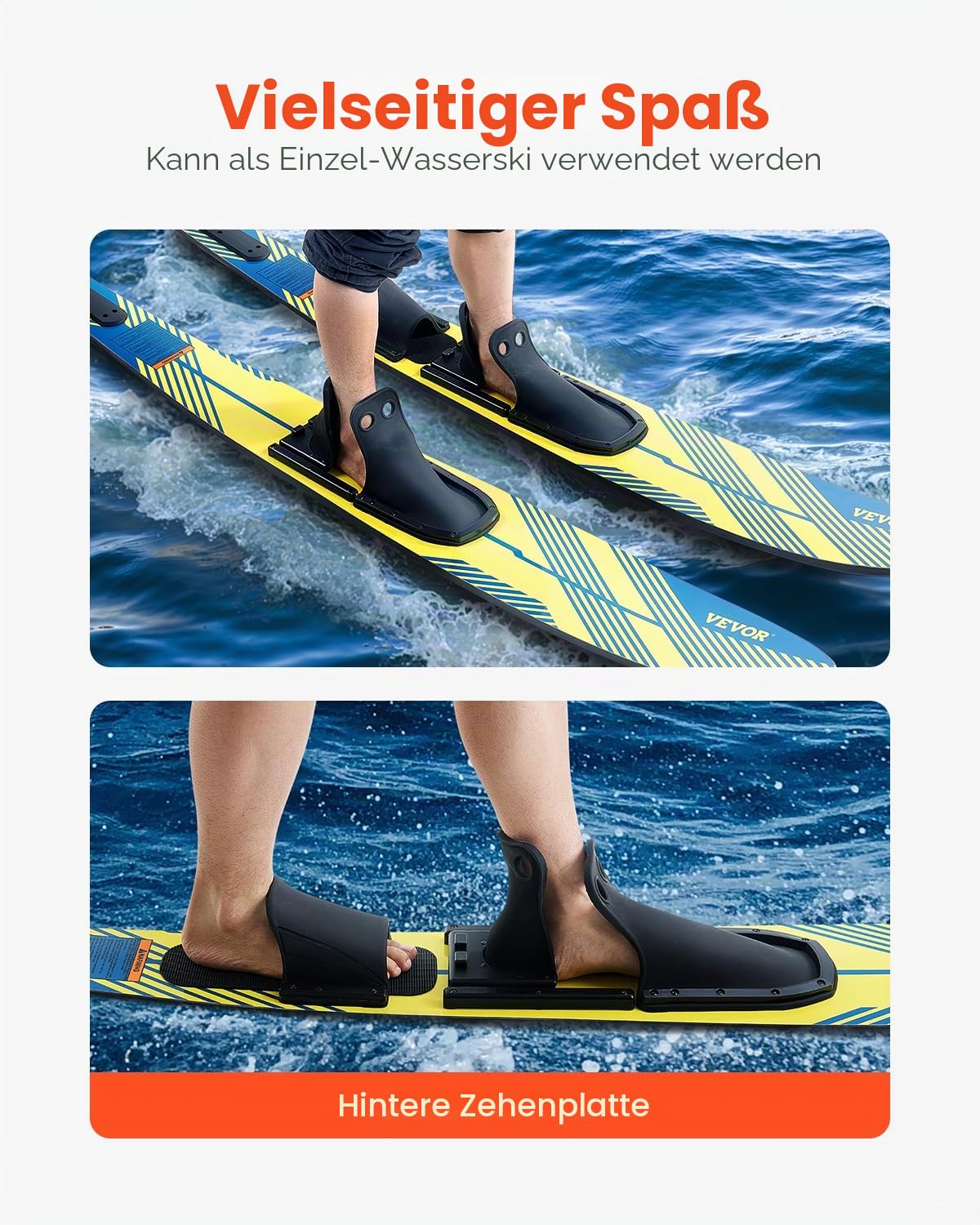 VEVOR Wasserski (1702 mm) mit X-9 verstellbaren Hufeisenbindungen & gepolsterter hinterer Zehenplatte, Hochglanz-UV-Beschichtung, Wasserski-Kombination für Erwachsene bis 136 kg