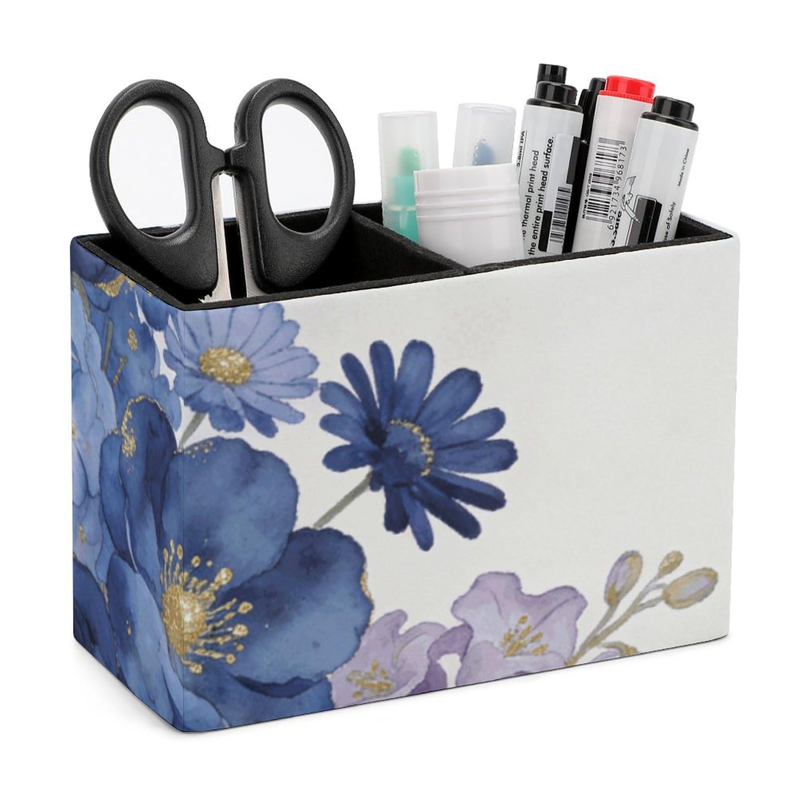 LZQPOEAS Exquisite Patterns PU Leather Pen Holder, Multifunctional Desktop Organizer Caddy with 2 Compartments, Navy Bloom Mix Pencil Cup Makeup Brush Holder for Office Home
