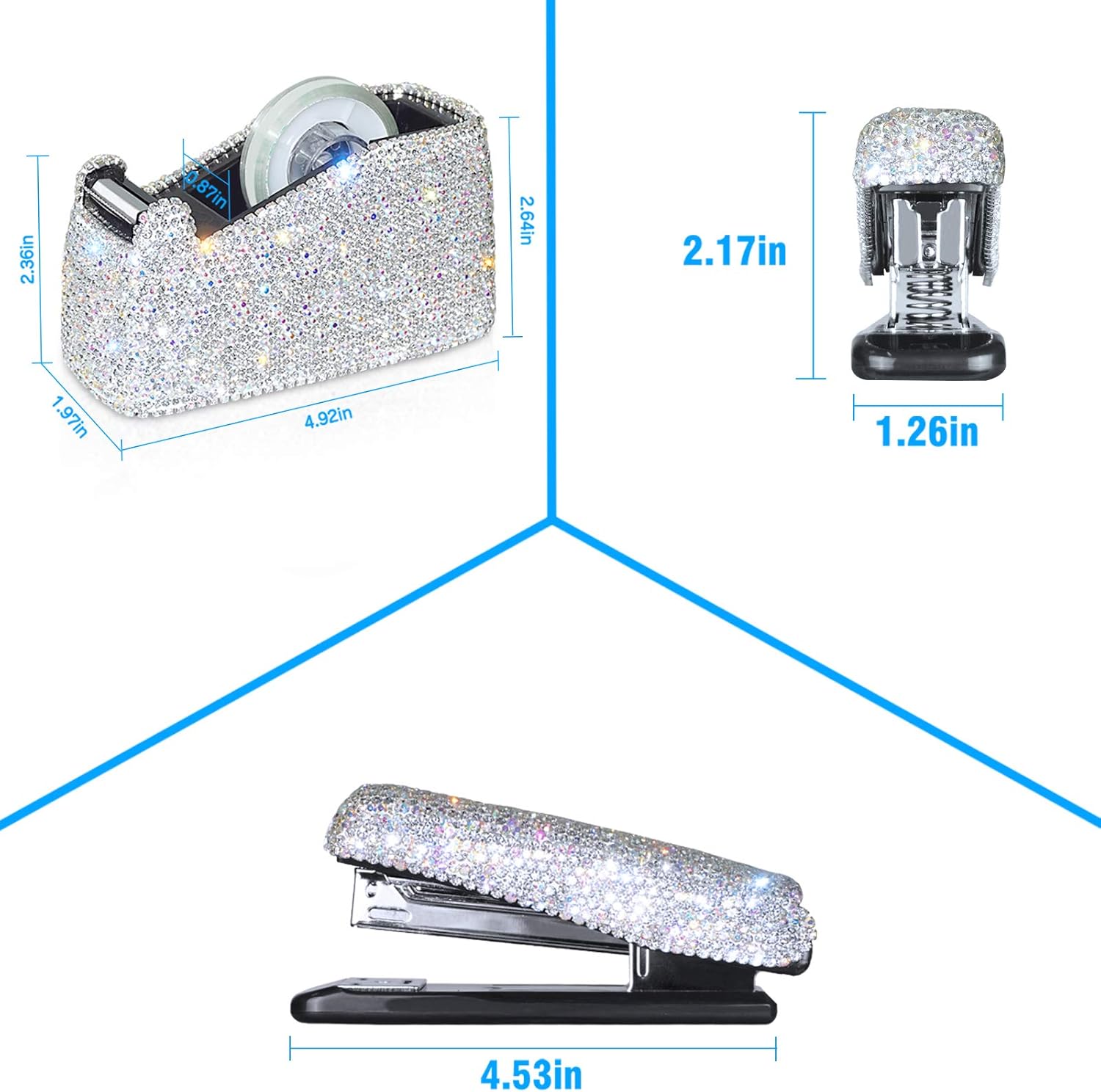 Bling Crystal Luxury Handmade Diamond Stapler & Desktop Tape Dispenser Office Stationery Kit for Fashion Girls Women (White)
