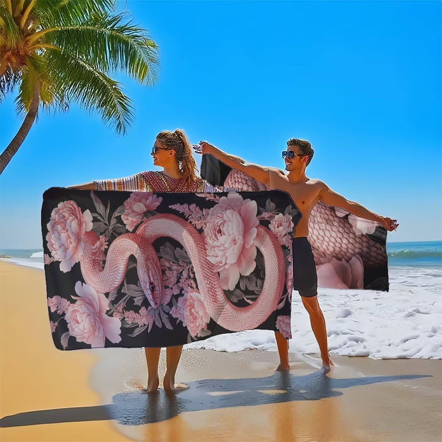 Ręcznik plażowy z mikrofibry, motyw węża, ręcznik plażowy, różowy, 220 x 100 cm, 2 sztuki, unikalna konstrukcja zatrzaskowa, bez piasku, szybkoschnący, lekki, podróżny ręcznik z torbą na basen, do
