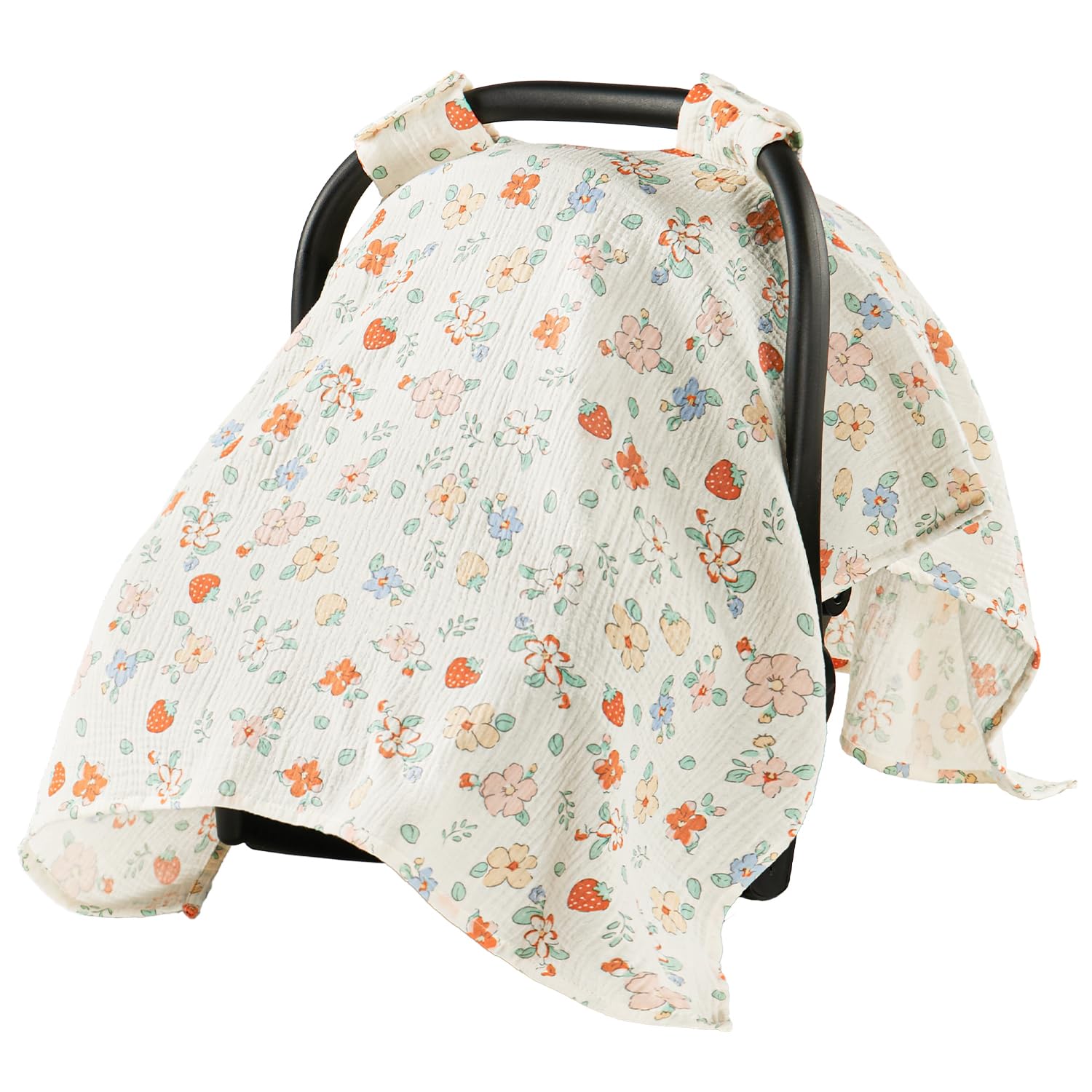 Babygreat 100% Muslin Cotton Car Seat Cover for Baby, Soft Breathable Car Seat Canopy, Universal Infant Carseat Cover Sun Protector, Lightweight Summer Stroller Cover for Boys Girls - Strawberry - 2