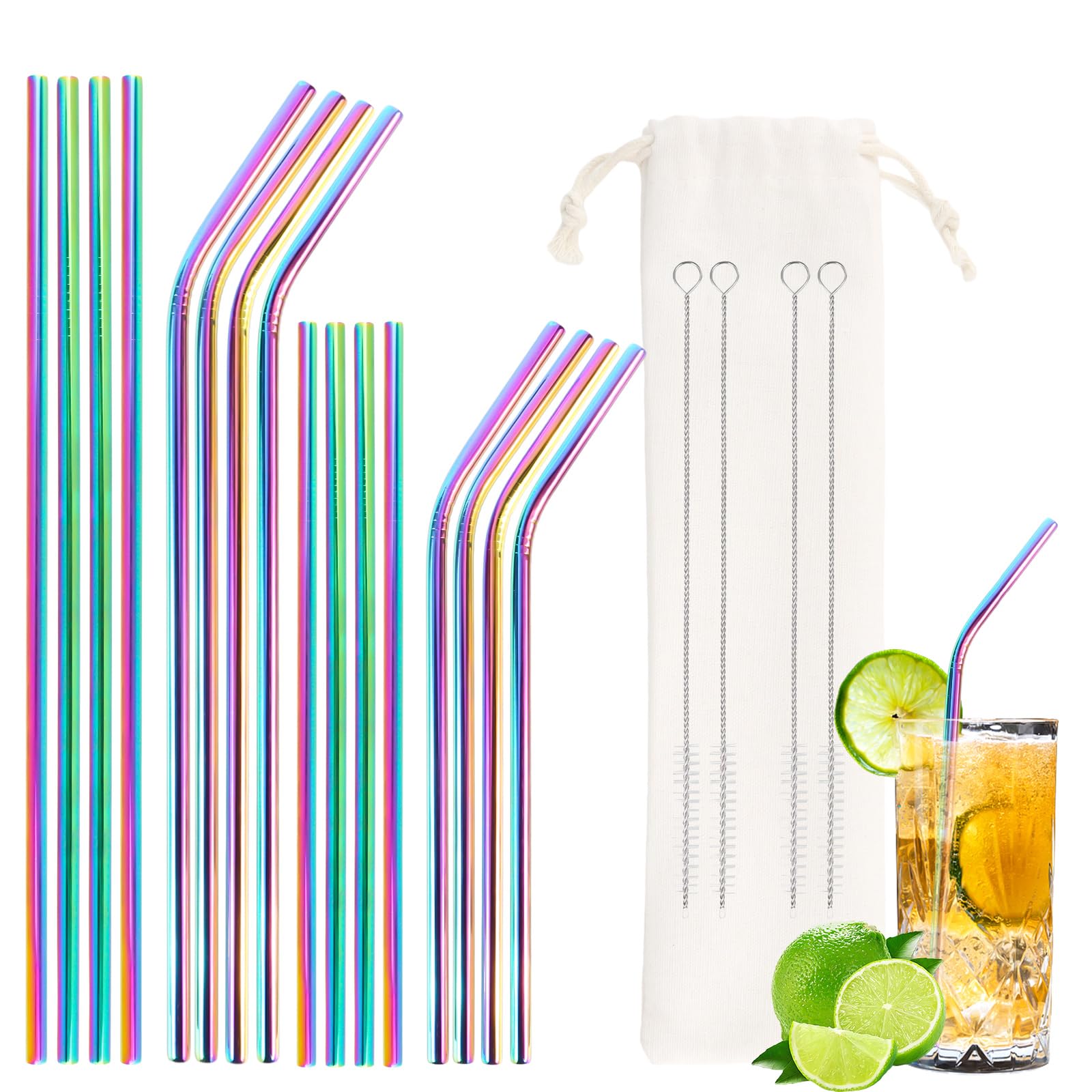 Lot De 16 Pailles Inox Réutilisables – Pailles Métalliques Colorées Pour Cocktail Smoothie Thé, Avec Brosses Et Sac
