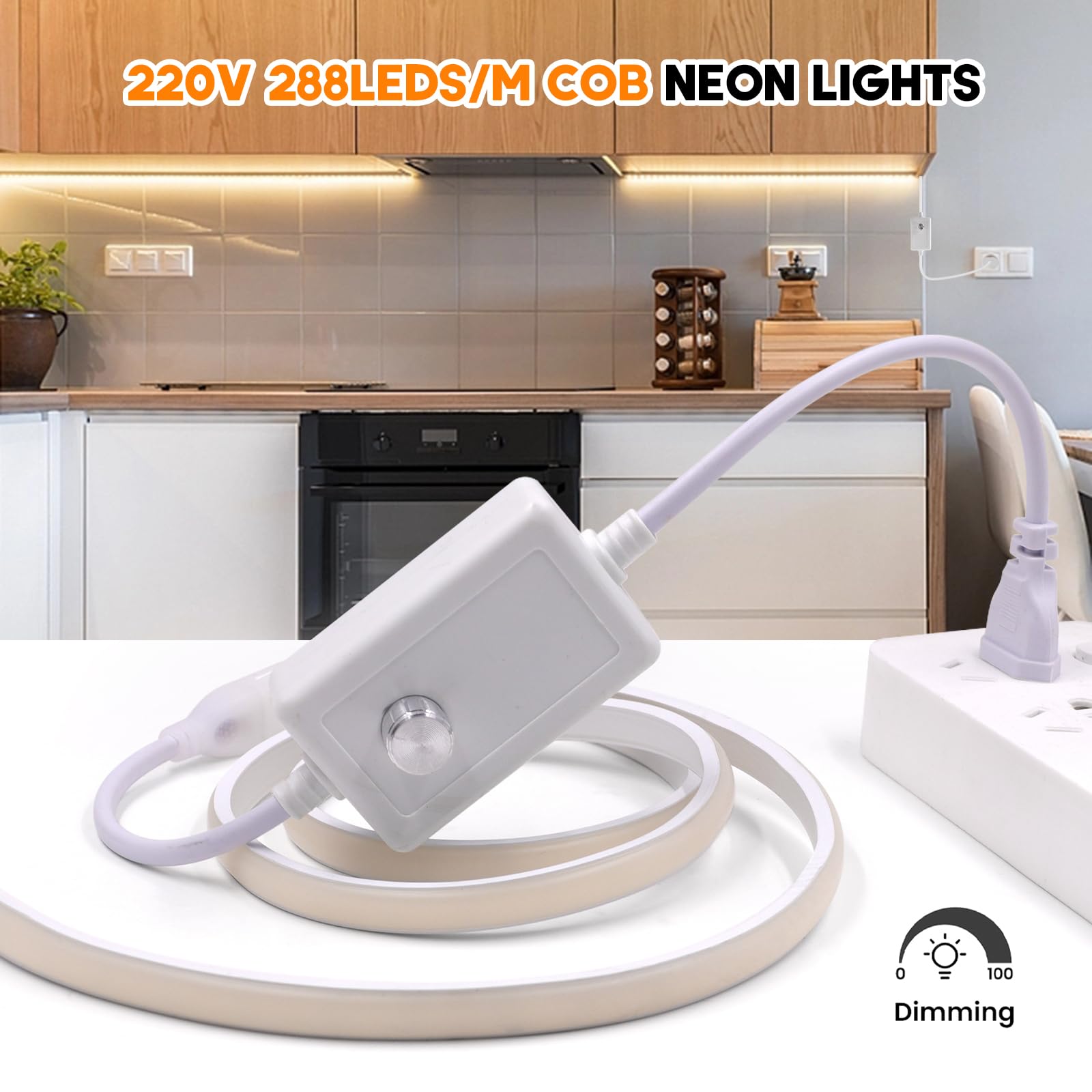 Tira de LED COB Regulable, 220V 288LEDs/M Super Cinta LED de Neón, Cinta luminosa Flexible FCOB LED Tira de Luz para Navidad,Vacaciones,Decoración de Interiores e Iluminación(Blanco Cálido,20M)