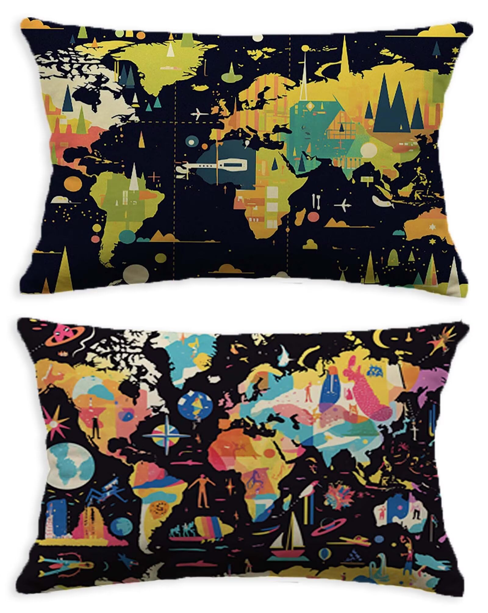 Housse de coussin noir 50x70 carte du monde en velours pour canapé lot de 2 O-217C