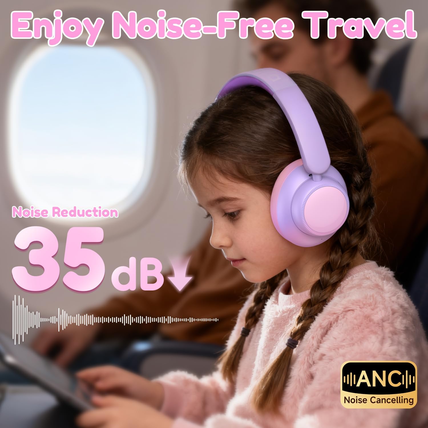 Active Kids Noise Cancelling Headphones, 60H Play Time Kids Bluetooth Headphones, Volume Limited, Bluetooth 6.0, USB C Charging, Headphones for iPad Tablet Airplane,Gradient Pink - Image 2