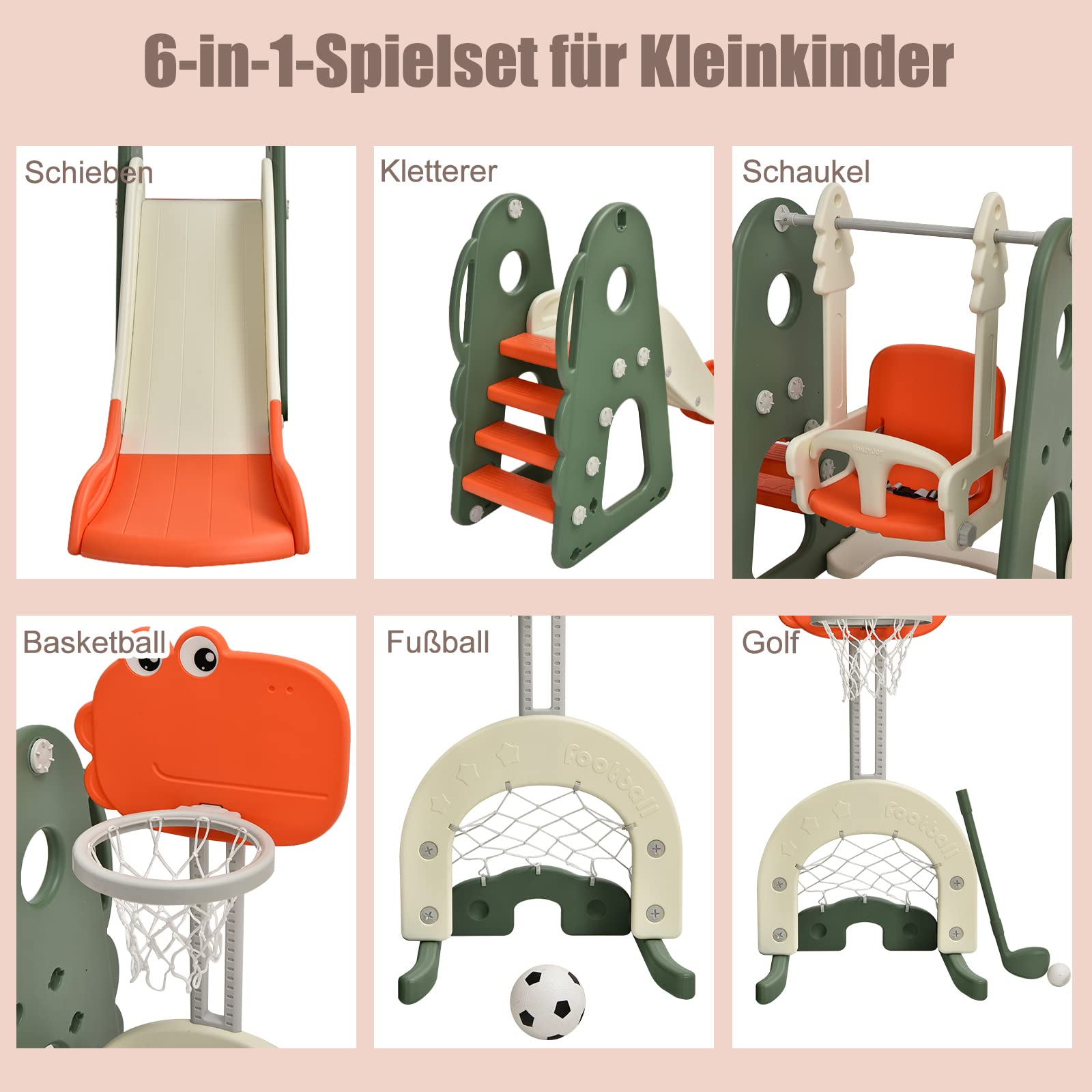 GOPLUS 6 in 1 Kinderrutsche mit Schaukel, Spielzeugrutsche mit Kletterleiter, Höhenverstellbarem Basketballkorb, Fußballtor & Golf, Indoor & Outdoor Spielplatz für Kinder von 3-8 Jahren (Orange)