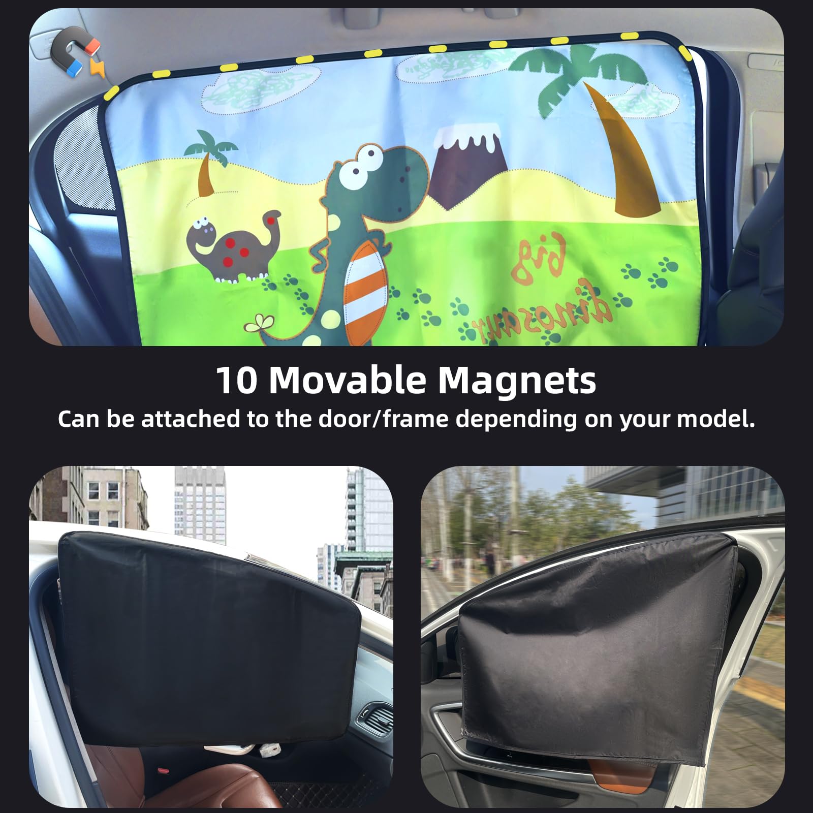 Parasol Para Ventanas Laterales De Coche OFF WE GO - 2 Piezas, Protección UV, Diseño Dinosaurio, Fácil Instalación