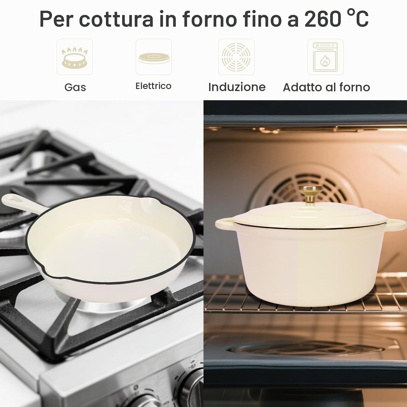 GFTIME Set di pentole in ghisa, 5 pezzi, 2,3 QT, casseruola olandese da 4,7 QT, padella da 28 cm, teglia per pane – Versatili pentole e padelle in ghisa smaltata resistenti al forno