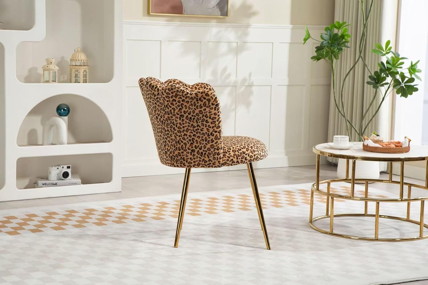 ZOBIDO Modern Velvet Chairs Comfy Upholstered Vanity Chairs for Bedroom Armchair Dining Chairs with Golden Metal Legs Petal Shape Back Vanity Desk Chair, for Women, Kids, Girls(Leopard Stripe)