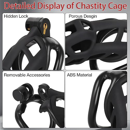 Miniatura 11 de Jaula de castidad masculina con cinturón elástico y bloqueo invisible, 4 tamaños de anillo de bola, jaula de pene grande ultraligera para un ajuste