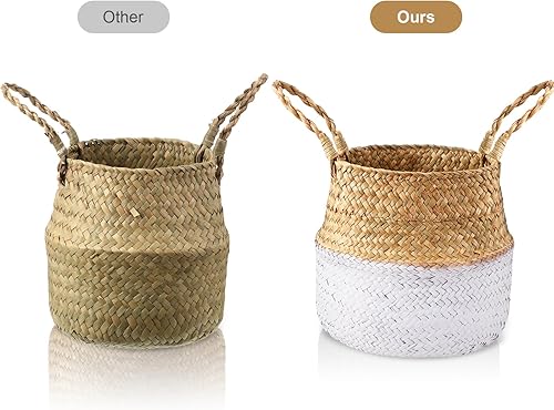 Miniatura 4 de Patelai Juego de 3 cestas tejidas de hierba marina, cesta tejida a mano para almacenamiento de macetas, lavandería, picnic, cubierta de maceta,