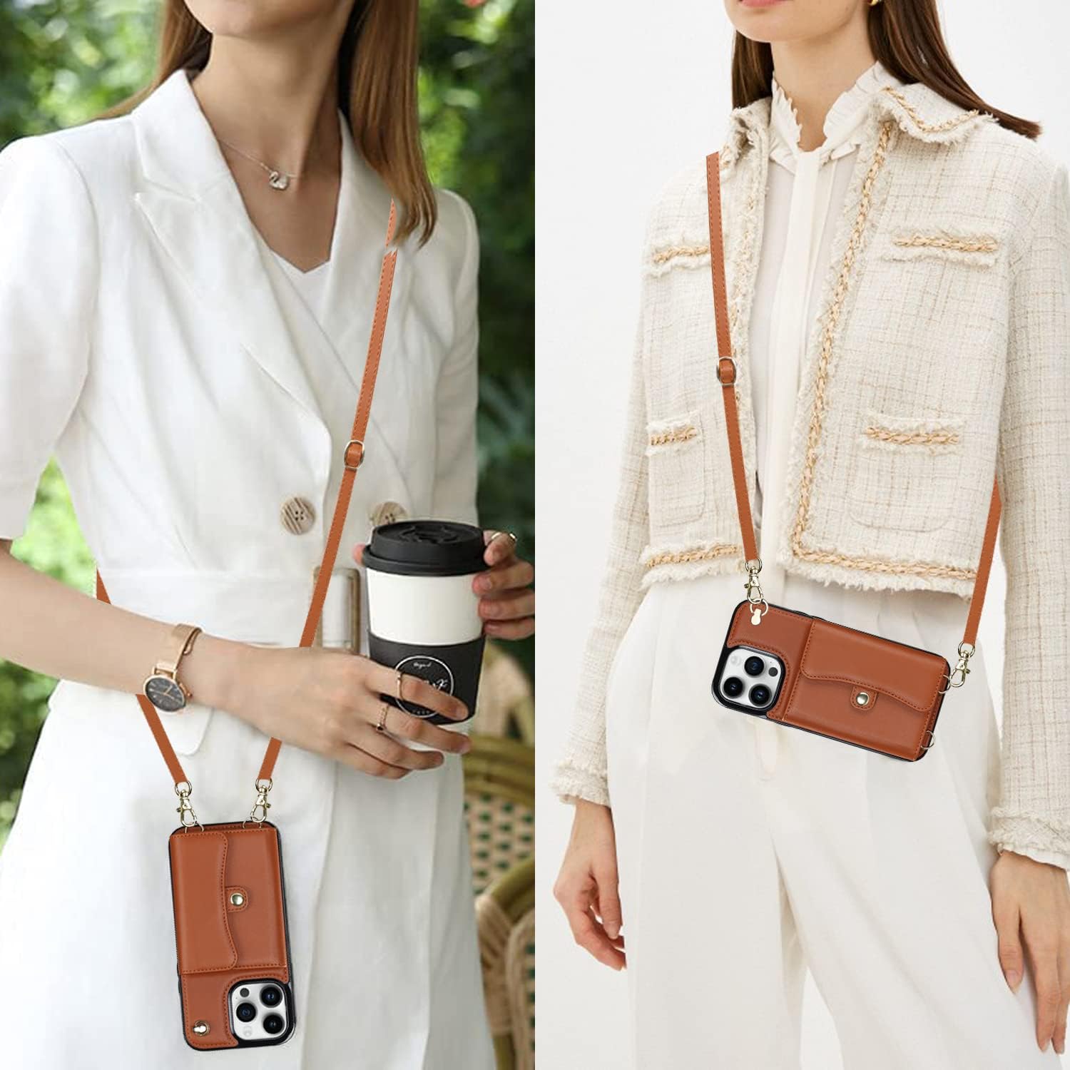 for iPhone 15 Pro Case 6.1 Inch, Crossbody Purse Wristlet Shoulder Strap Trendy Protective Cover for iPhone 15 Pro (Brown)