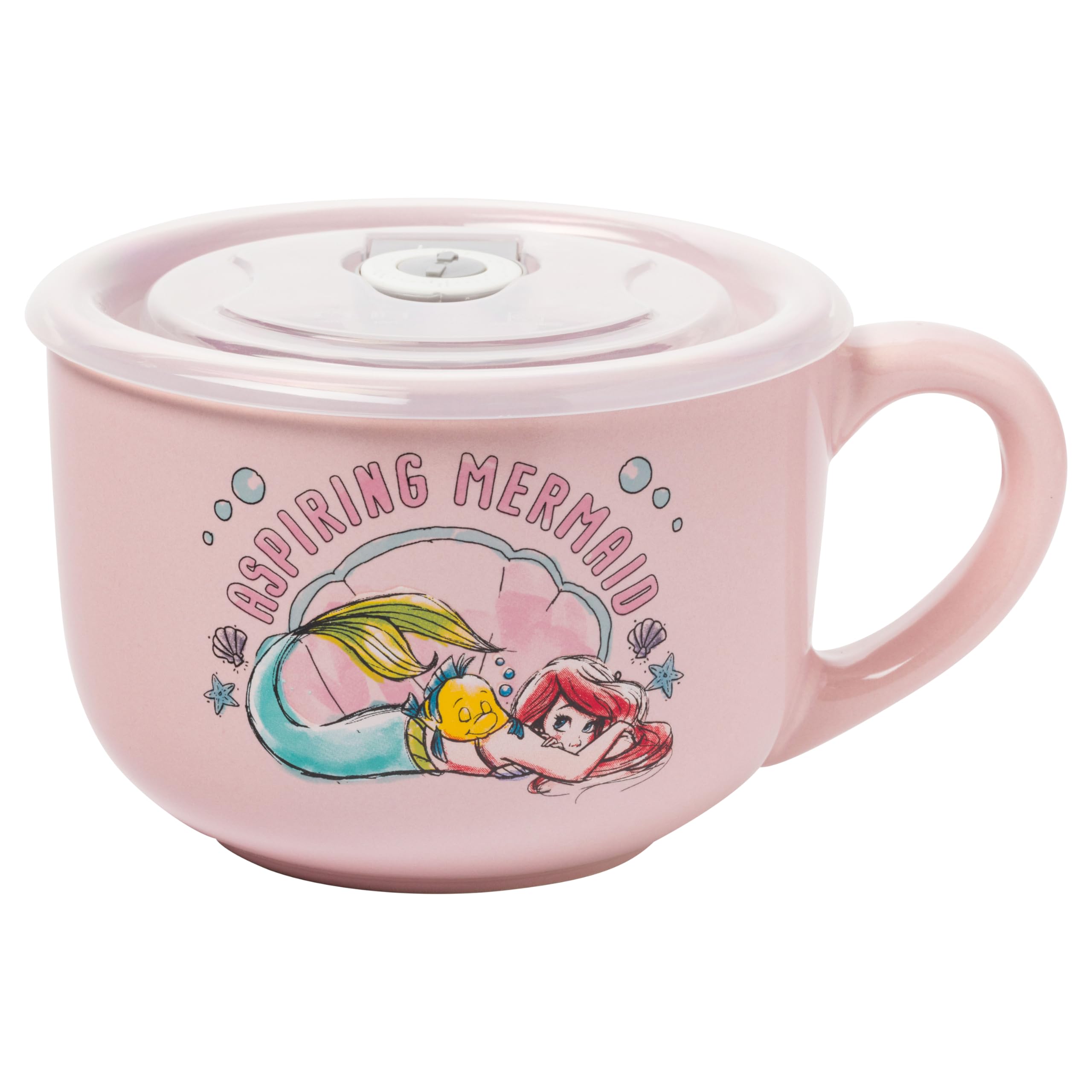 Silver Buffalo Disney Princess Little Mermaid Ariel and Flounder Aspiring Mermaid Ceramic Soup Mug with Vented Plastic Lid, 24 Ounces