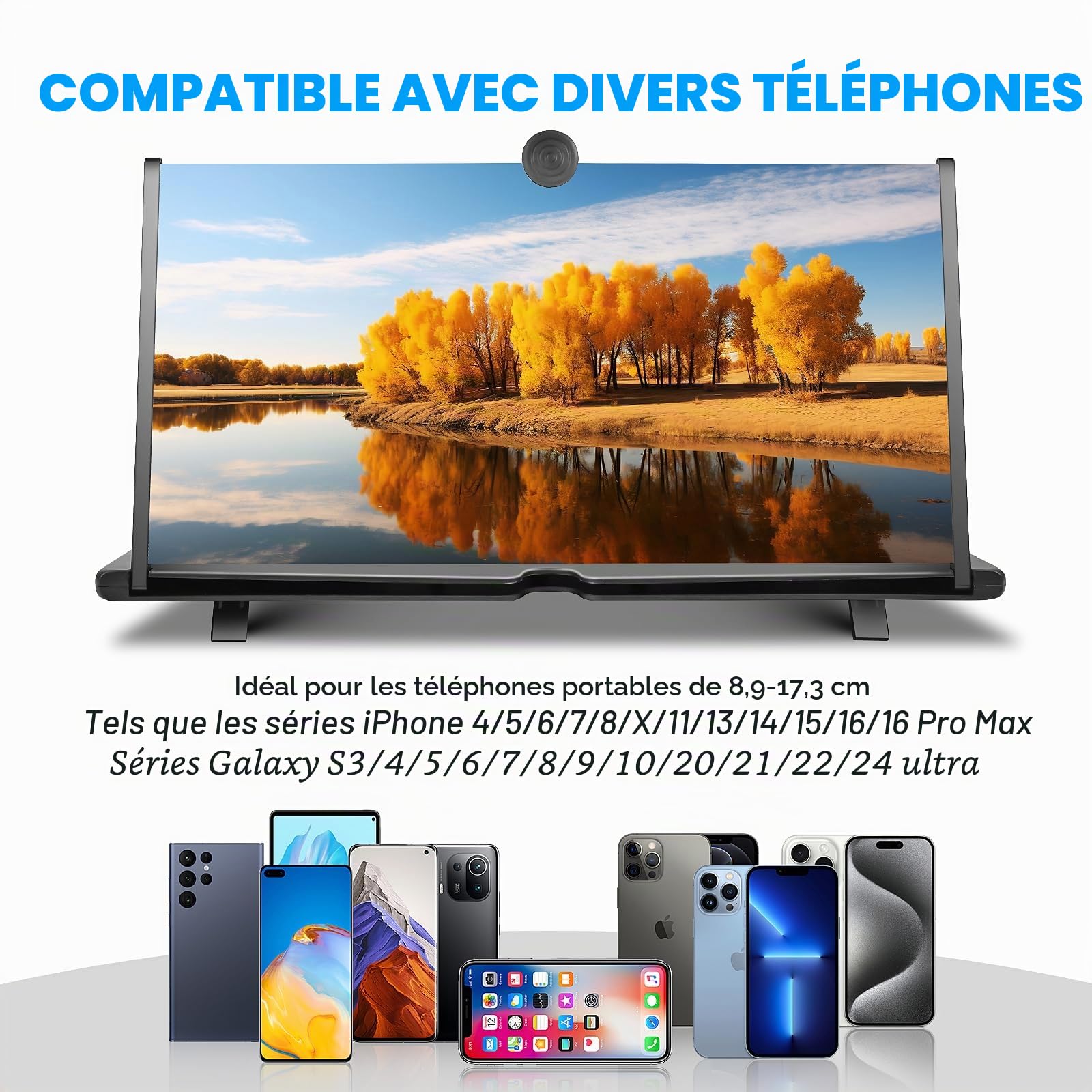 Amplificateur D'écran Lumineux de 18 Pouces, Loupe D'écran de Téléphone Portable 3D HD Anti-Bleu, Support Amplificateur de Pliage Loupe pour Tous Les Smartphones, Idee Cadeau Noel Homme