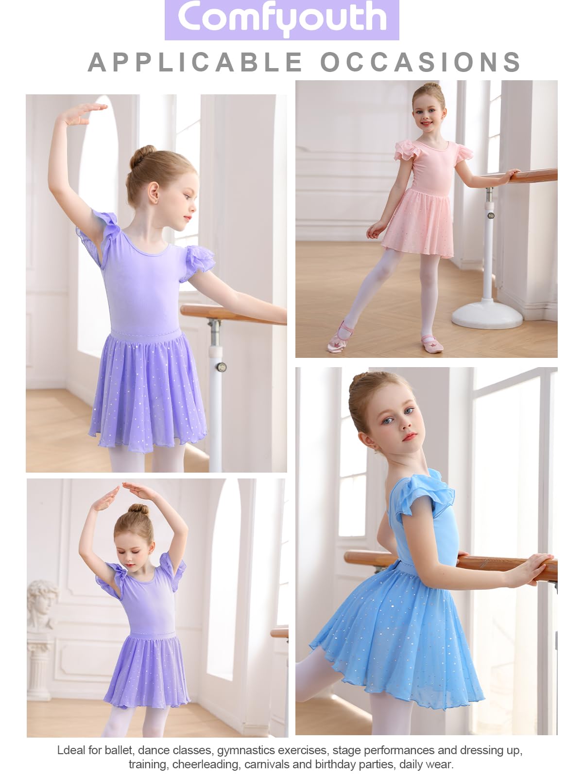Body da danza per bambina, con maniche a volant, con gonna rimovibile glitterata, per bambine da 2 a 11 anni