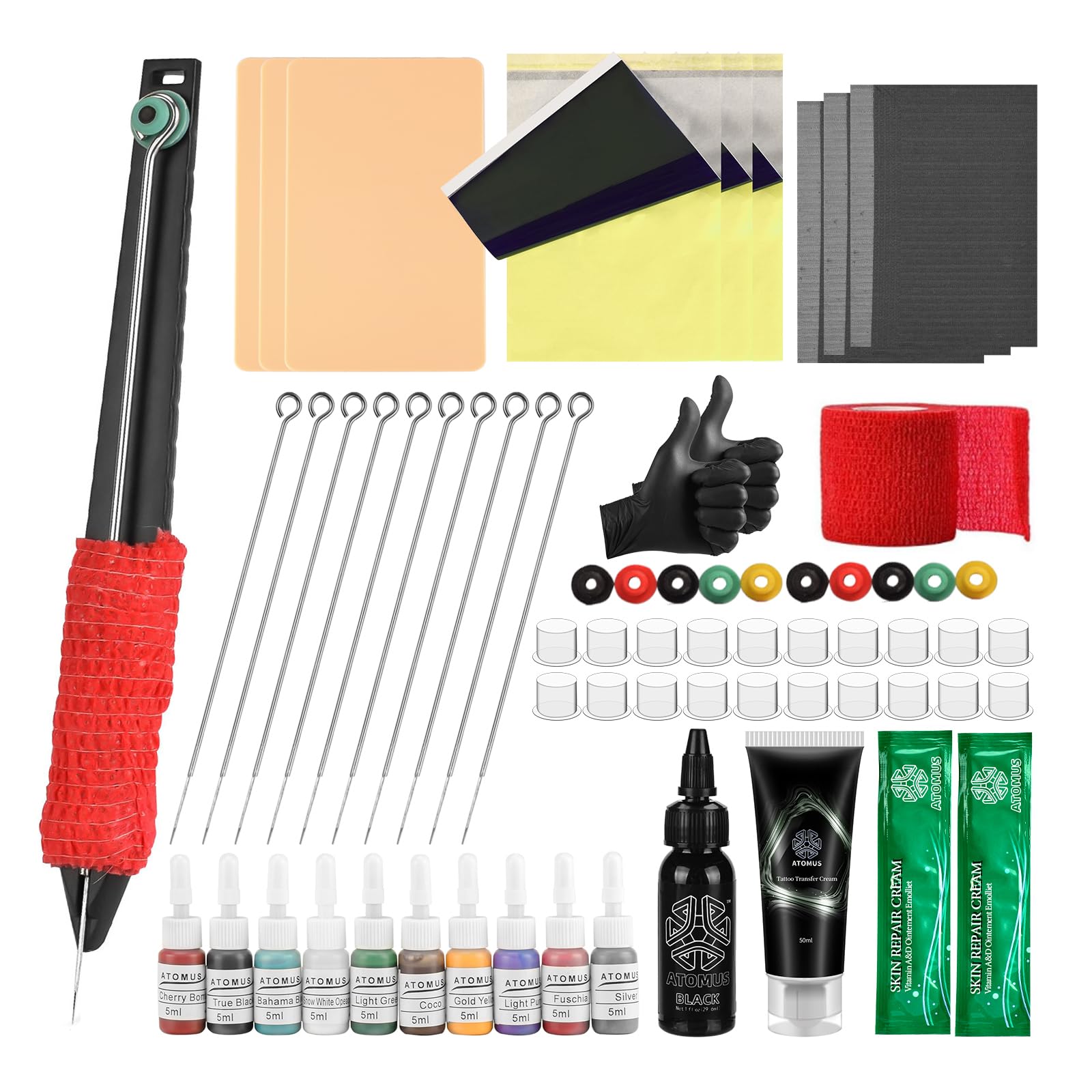 ATOMUS Kit de bolígrafo manual de tatuaje con tintas de tatuaje, agujas, piel de práctica, vasos de tinta y papeles de transferencia (KIT 2)