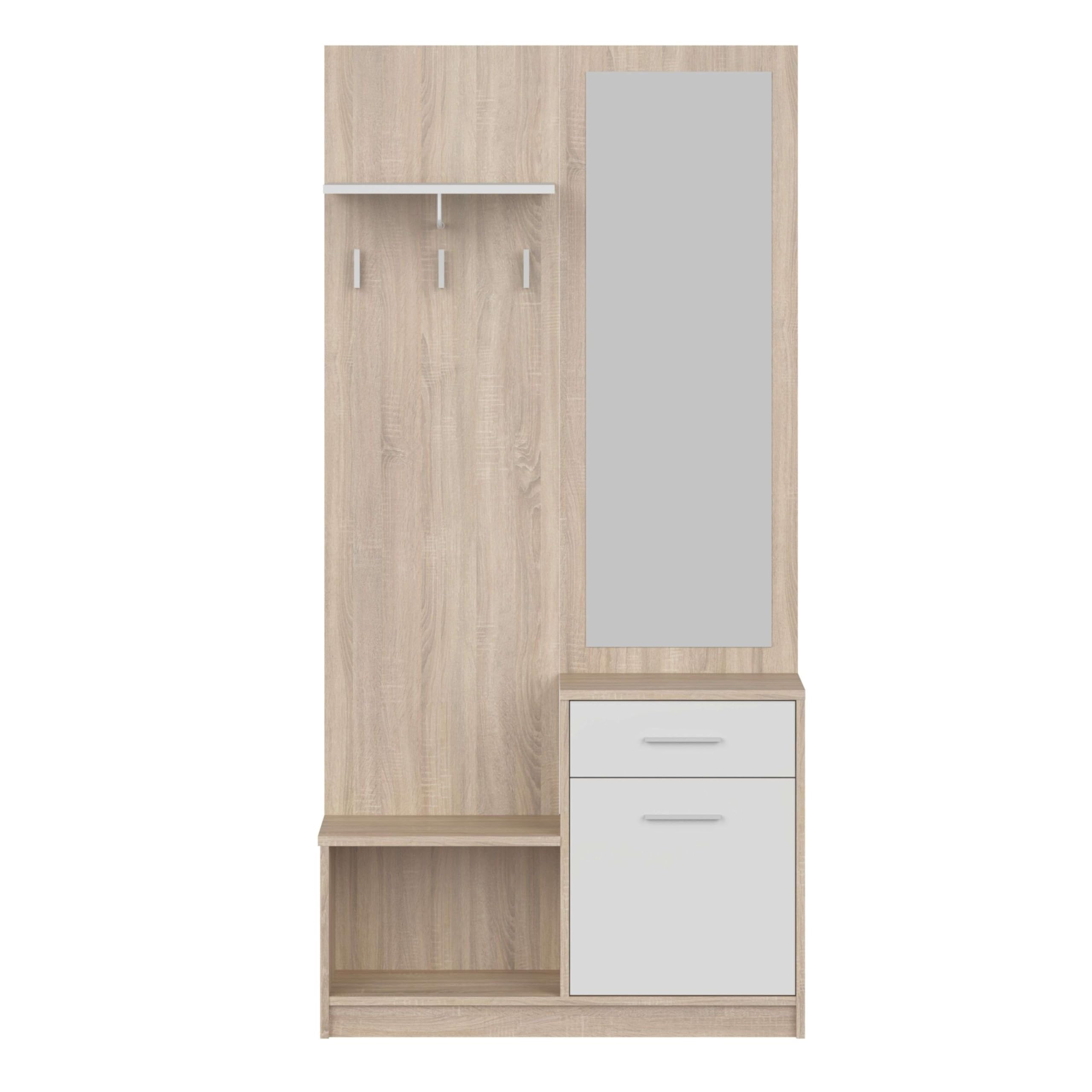 Miroytengo Mueble Recibidor con Espejo Sett 1 Cajon 1 Puerta 1 Estante 1 Hueco Abierto Color Blanco y Roble Cambrian 90 cm