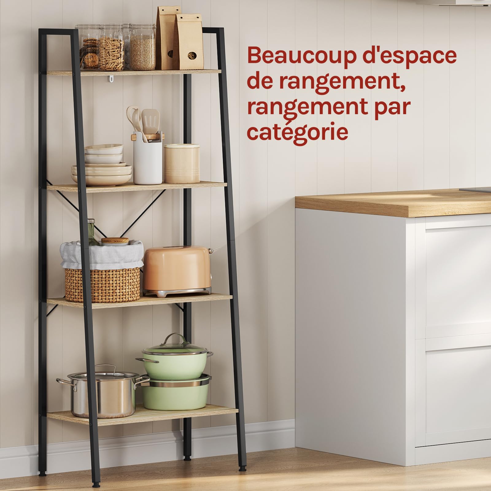 WOLTU Étagère de Rangement à 4 Niveaux, 35x60x148cm, Étagère pour Plantes et Fleurs, Noir+Chêne Clair, RGB9283hei-a