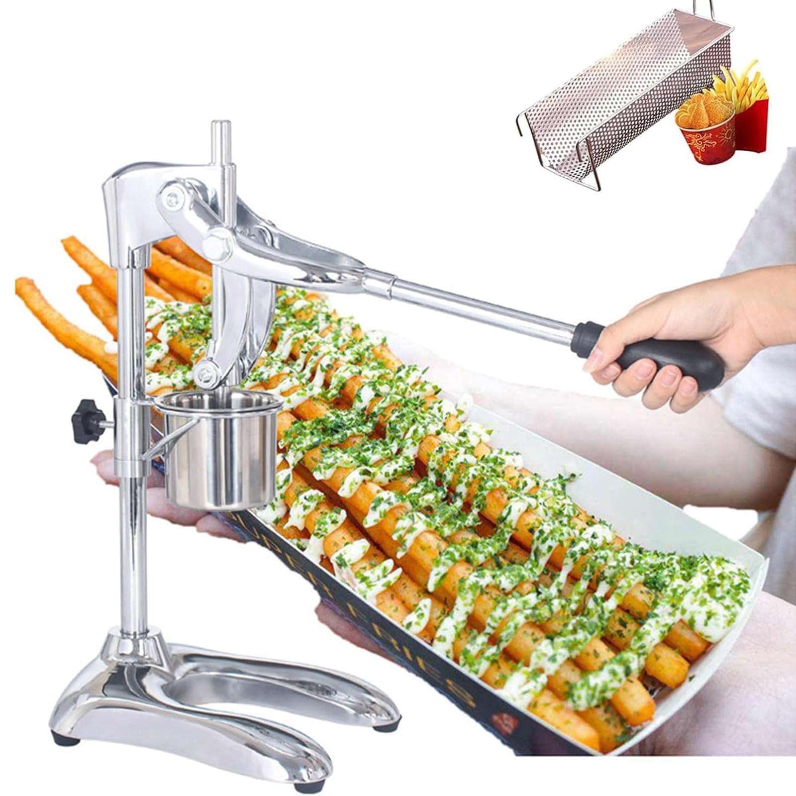 Friggitrice manuale per patatine fritte, in acciaio inox, 12 patatine lunghe per lotto, cilindro rotante staccabile, include cestello per friggere, per uso domestico e commerciale, facile da pulire