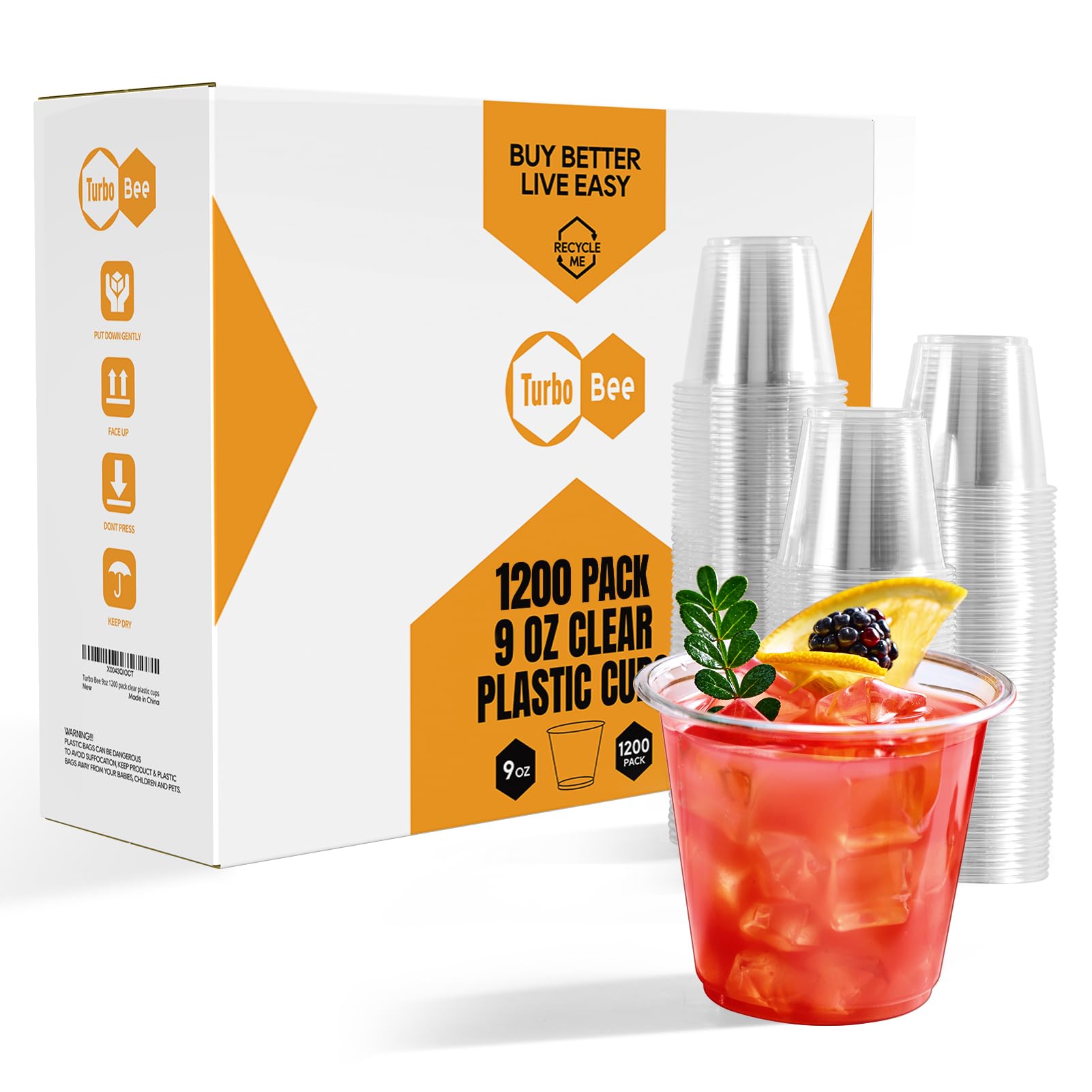 Turbo Bee 1200 Pack 9 OZ Clear Plastic Cups Bulk 9 Ounce Disposable Water Cold Drinking Cups Tumblers