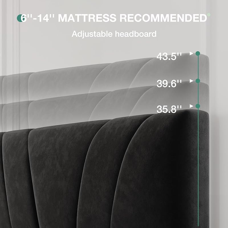 Novilla King Bed Frame and Headboard, King Bed Frame, Velvet Upholstered Bed Frames, No Box Spring Needed, Heavy Duty Feet, Easy Assembly, Black Velvet image 4