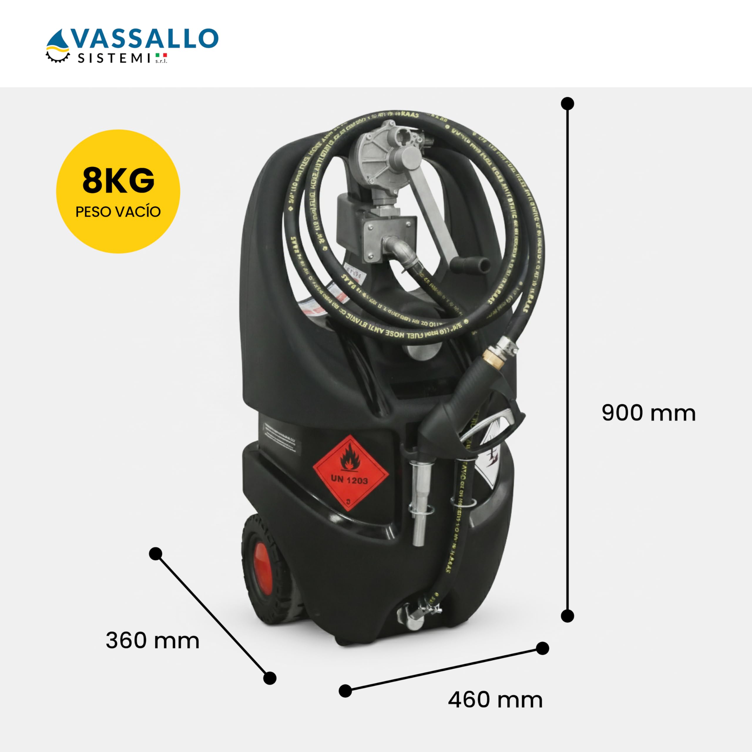 MobiFuel – Tanque de combustible portátil con ruedas para gasolina–Bidón transportable profesional con pistola dispensadora y manguera 3m – Almacenamiento seguro para embarcaciones, jardinería y obras