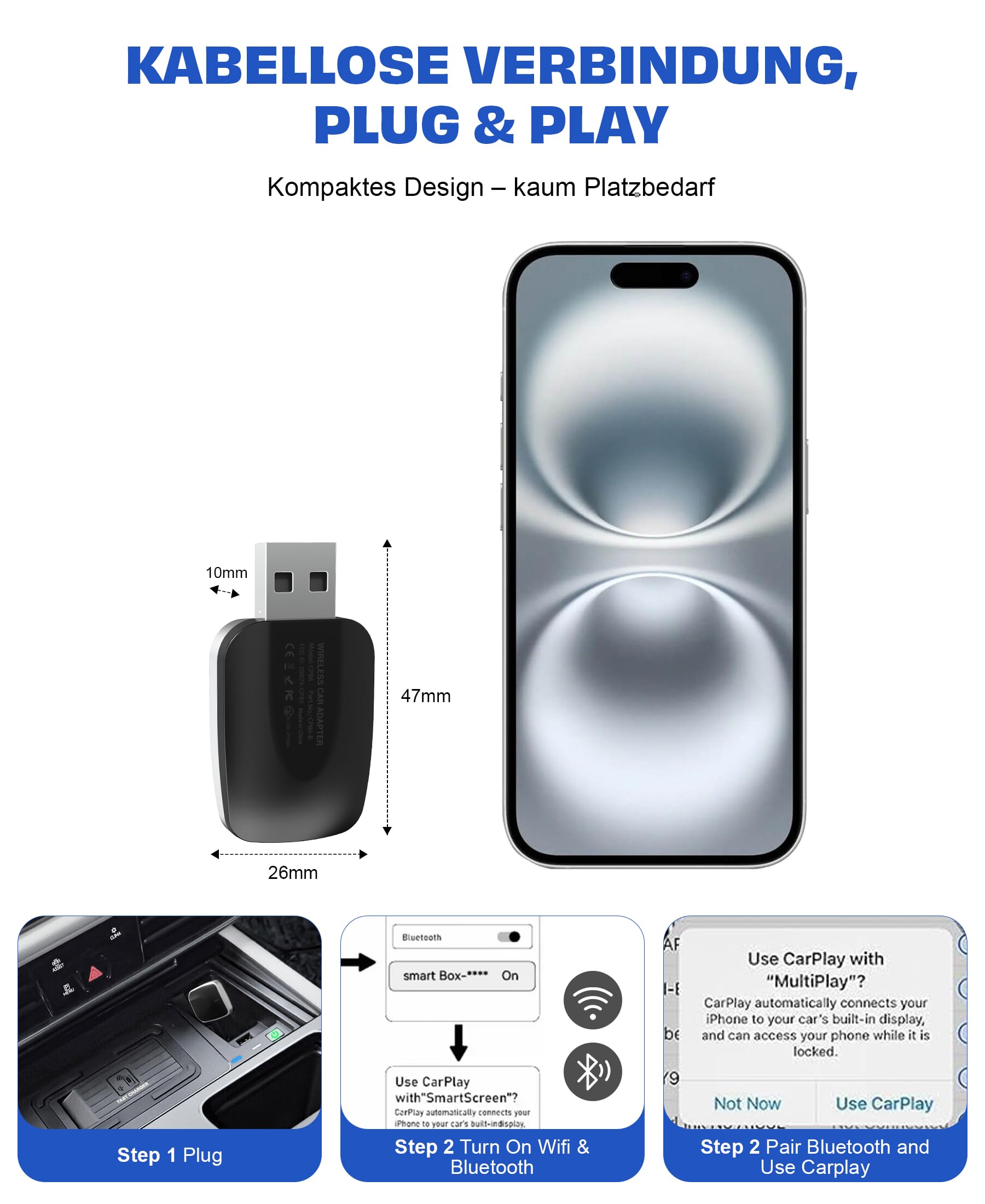 Mini Wireless CarPlay & Android Auto Adattatore 2 in 1 – 2025 Aggiornamento, Connessione super veloce senza ritardo, Plug & Play Dongle con USB & Type-C, compatibile con iPhone iOS 10+ & Android 11+