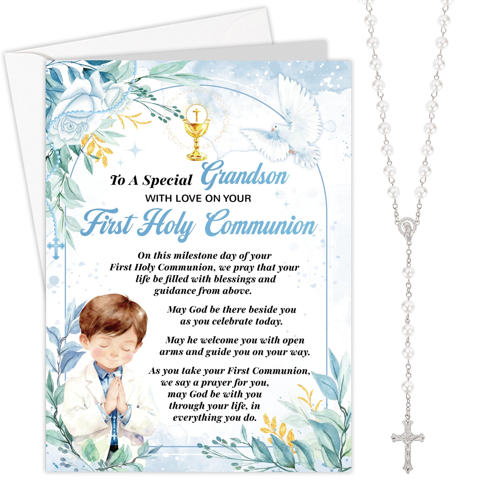 HOWAF First Holy Communion Card for Grandson & Rosary Beads Catholic Pearl Cross Necklace for 1st Holy Communion Gifts for Grandson