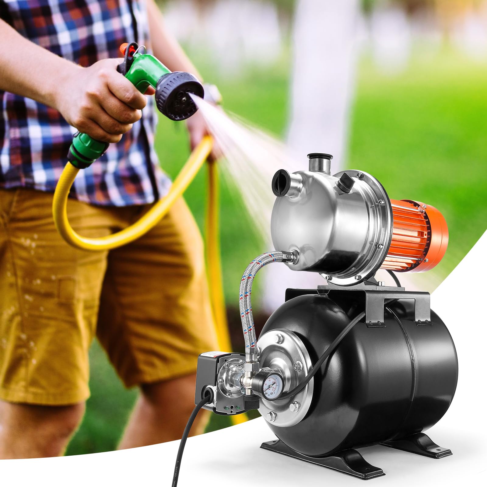VEVOR Bomba para Pozos Poco Profundos de 1176 W 5600 L/H Con Tanque de Presión de 19 L - Refuerzo de Agua de Riego Automática Con Cabezal de Acero Inoxidable para Césped de Jardín