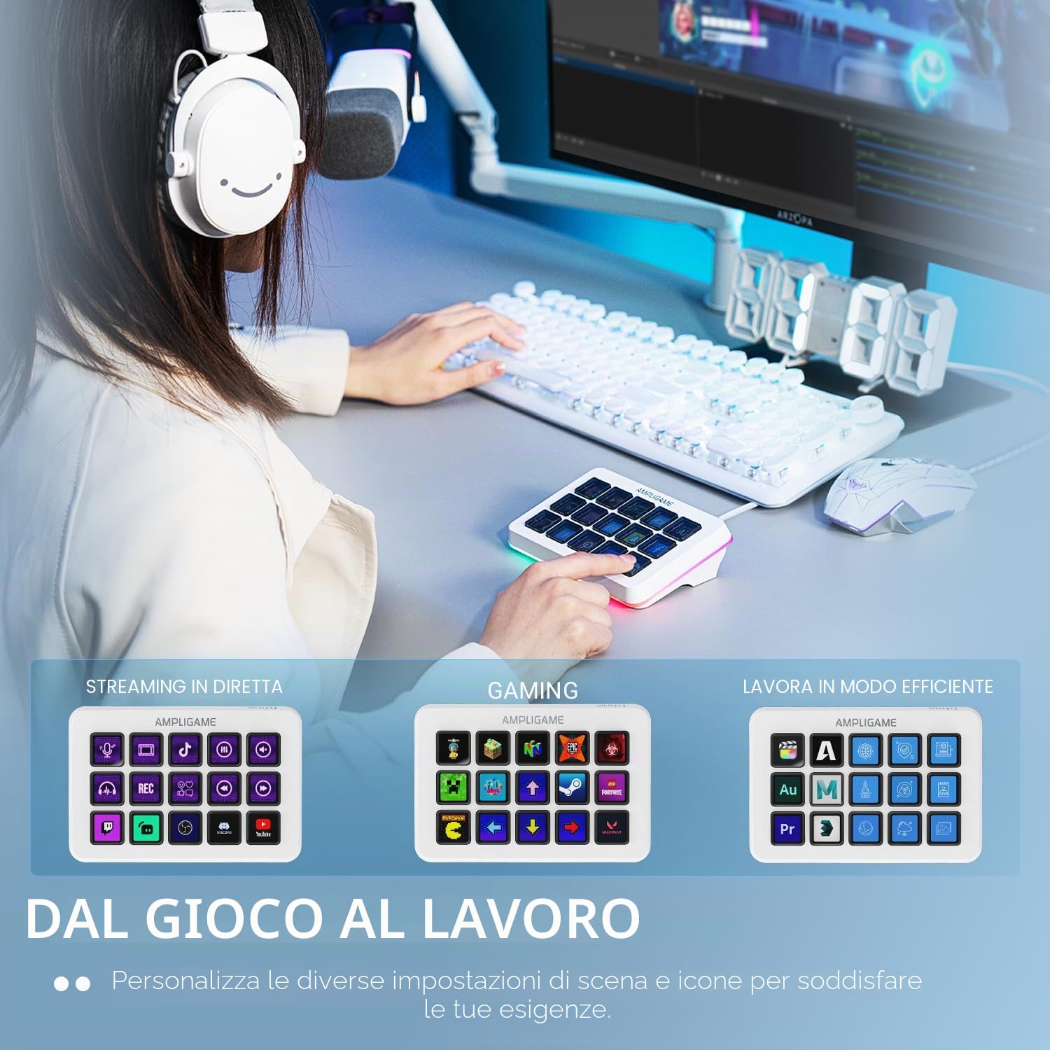 FIFINE AmpliGame Gaming Controller con 15 scorciatoie per OBS Streaming Studio con tasti macro, azioni trigger, controller RGB per PC Media per la creazione di contenuti/Office Work-D6 bianco