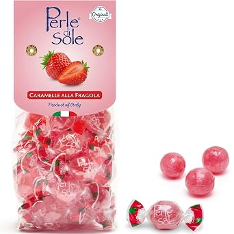 Perle di Sole Italian Strawberry Hard Candy Individually Wrapped 7.05 oz Made with Essential Oils of Amalfi Coast P.G.I. - Italian Imported Gifts From Italy