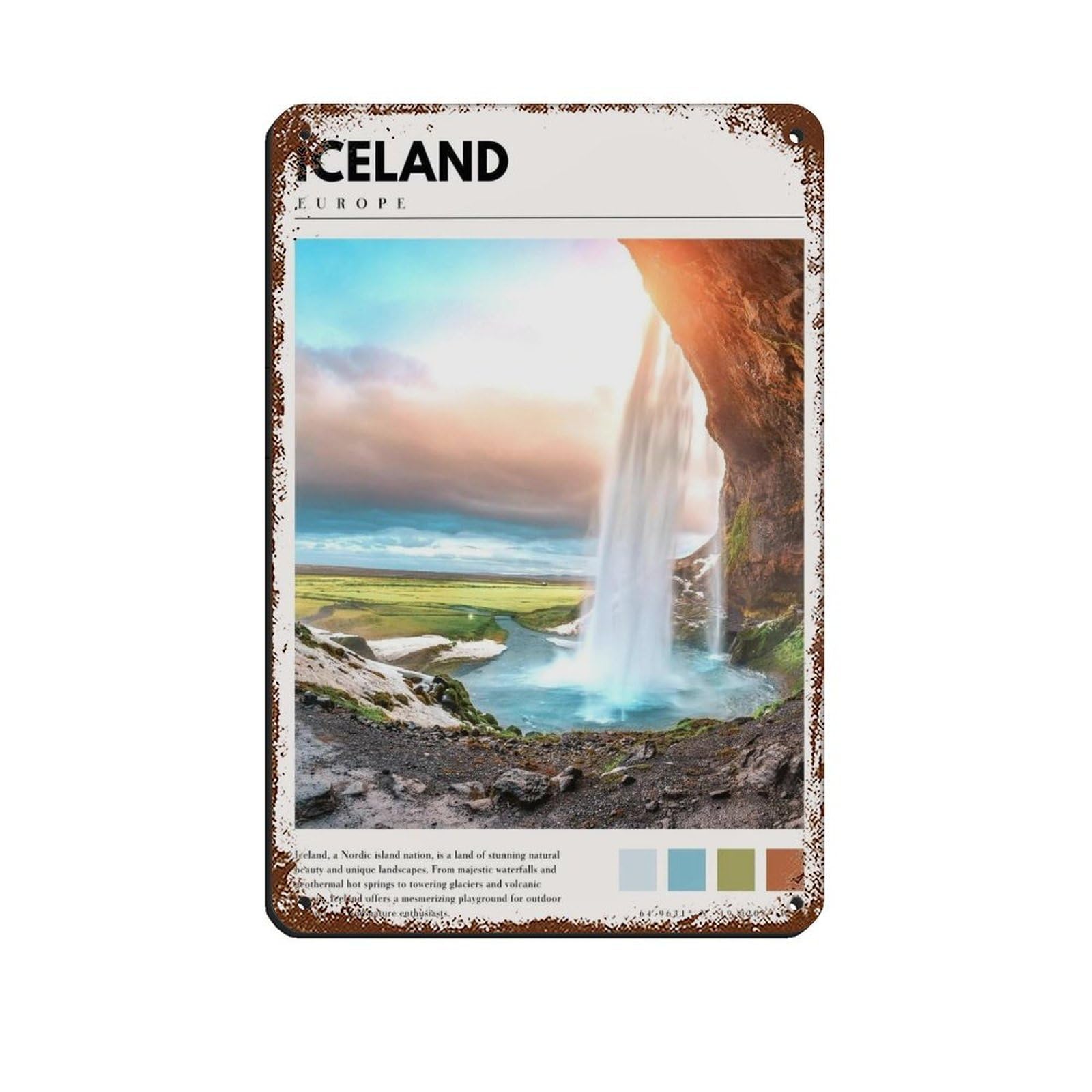Iceland Art Iceland Poster Iceland Waterfall Artwork Retro Poster Metal Tin Sign Chic Art Retro Iron Painting Bar People Cave Cafe Family Garage Poster Wall Decoration 8x12inch(20x30cm)