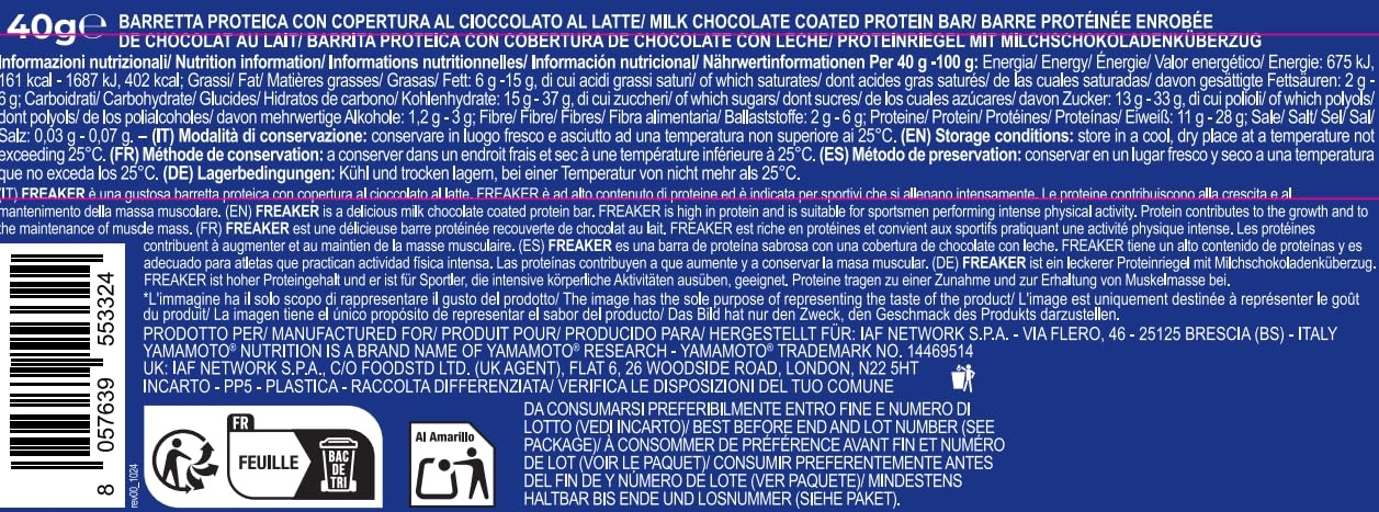 Yamamoto Nutrition, Freaker 24 barrette da 40 g, Gusto Biscotto con Copertura di Cioccolato al Latte, snack nutriente con 12g di proteine
