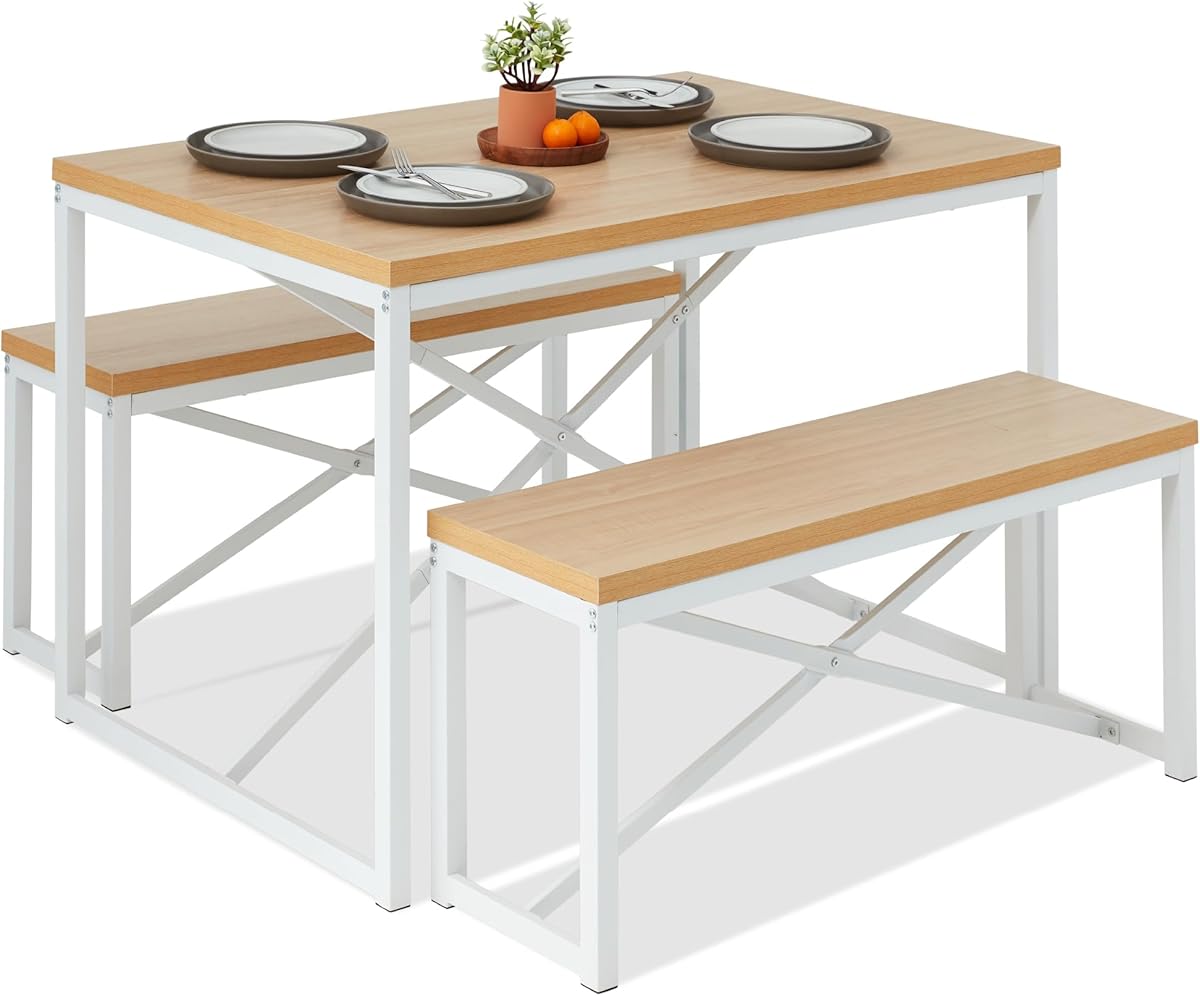 Best Choice Products 45.5in 3-Piece Bench Style Dining Furniture Set, 4-Person Space-Saving Dinette for Kitchen, Dining Room w/ 2 Benches, Table - Oak/White