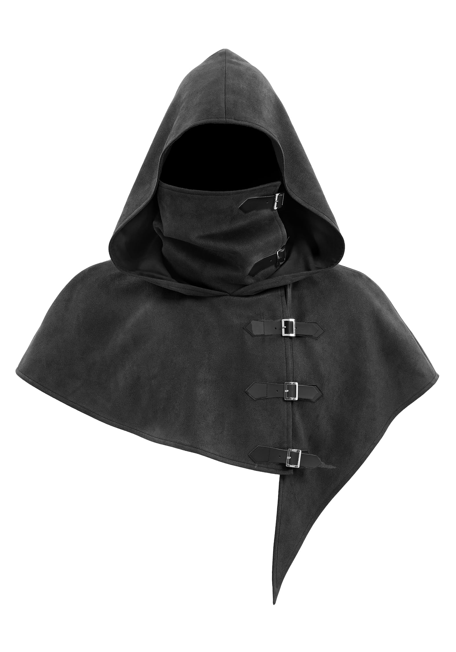 FURPHI Medieval Cowl Hood with Straps Renaissance Hooded Cape for Men Women Halloween Costume Accessories (Black, Small)