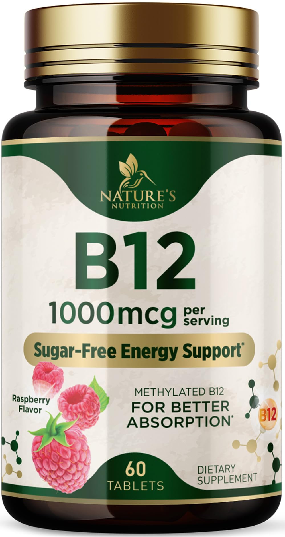 Vitamin B12 - 1000 mcg Per Serving Maximum Strength Methylcobalamin B-12 Chewable Tablet - Energy, Nervous System & Brain Support - Fast Dissolve, Gluten-Free, Non-GMO for Women & Men - 60 Tablets 60 Count (Pack of 1)