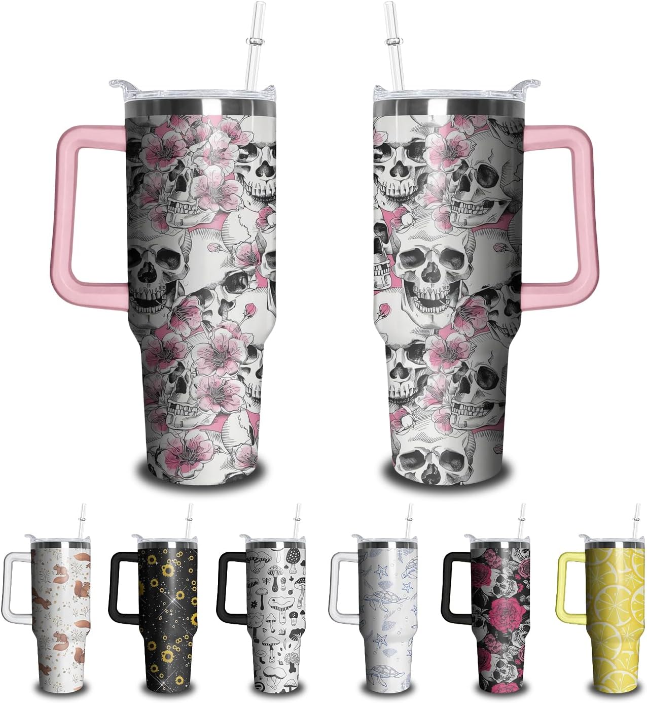 40oz Skull Tumbler with Handle and Straw, Skeleton Gothic Floral Stainless Steel Insulated Cup with Lid and Straw, Horror Travel Coffee Mug Water Bottle, Birthday Halloween Gifts for Women Men