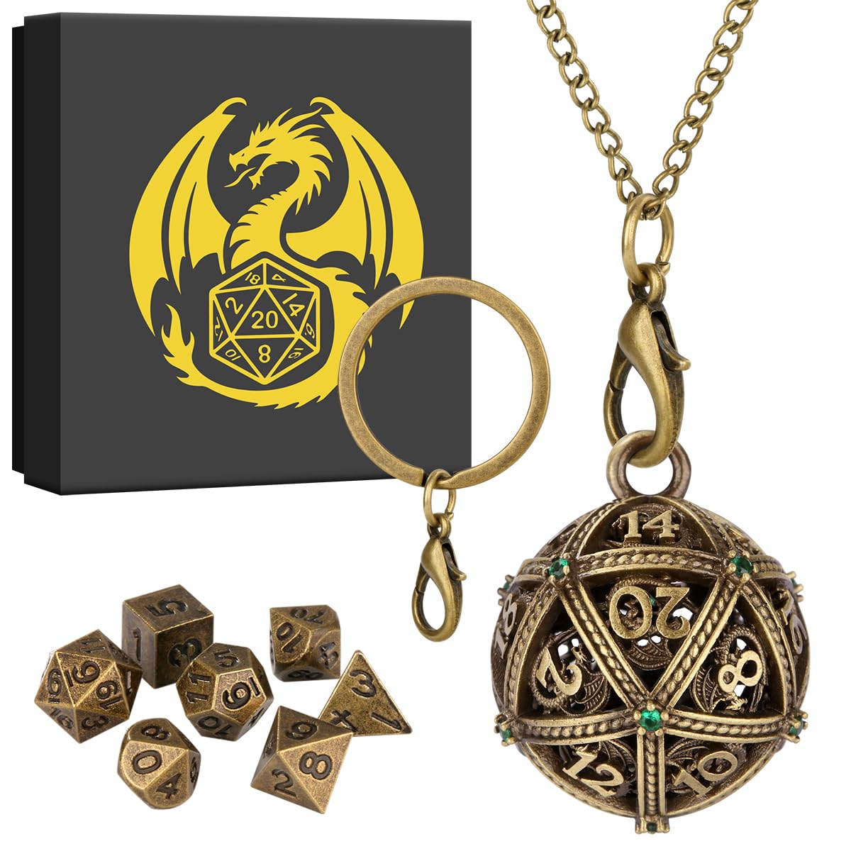 Mini DND Dice Set including Keychain Necklace Pocket Chain Spherical Hollow D20 Metal Case