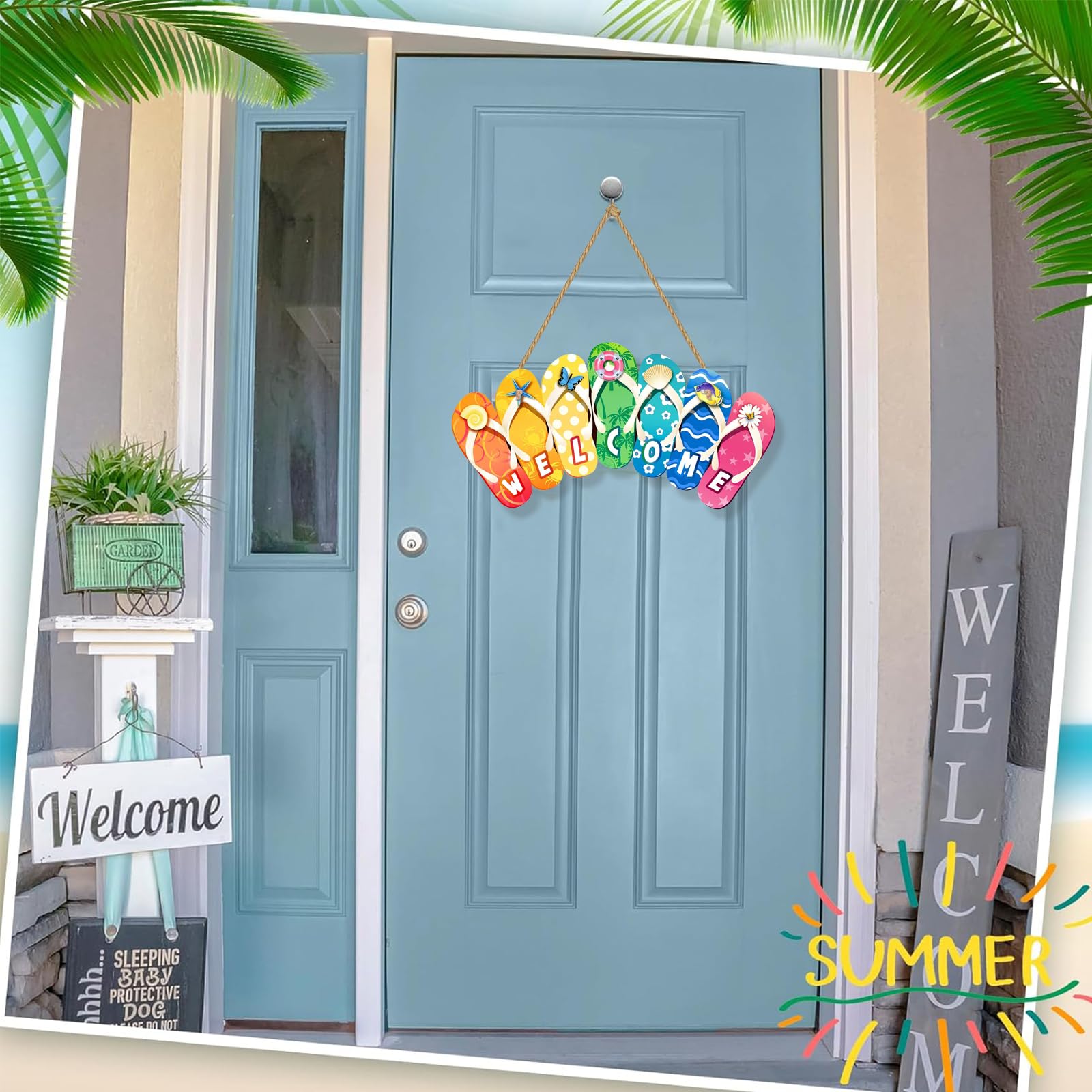 Cartello di Ciao estate Porta D'Ingresso in Legno, Segno di porta appeso Decor Spiaggia Segno Placca di legno Estate Home Decor Pantofole Spiaggia Appendere Decor Con Corde per interni all'aperto (A