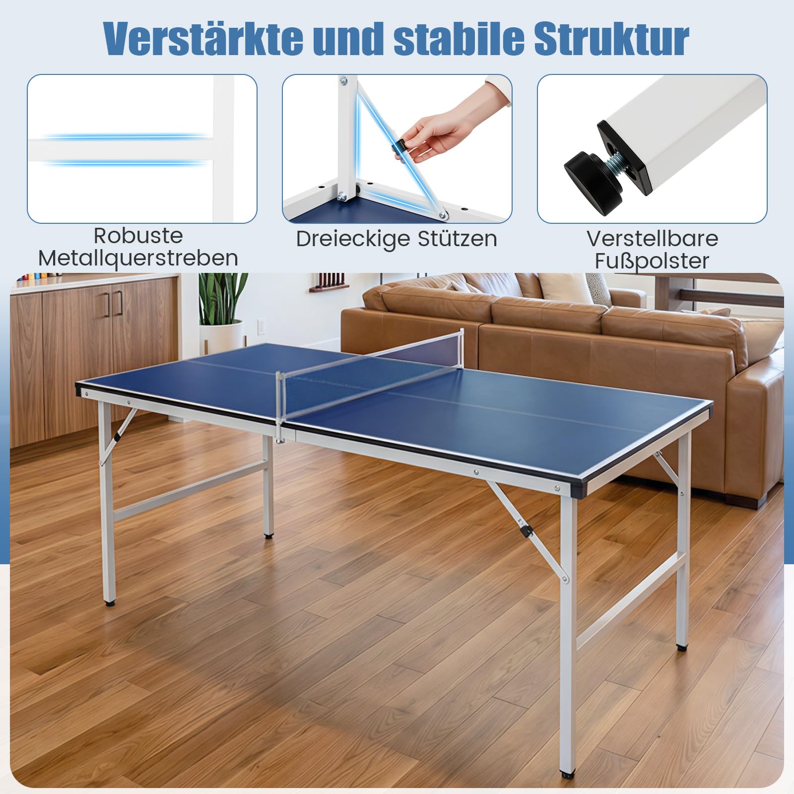 COSTWAY Składany stół do tenisa stołowego 152,5 x 76 cm, mini stół do tenisa stołowego odporny na warunki atmosferyczne, stół do ping ponga z siatką, 2 rakiety i piłki, wstępnie zmontowany stół