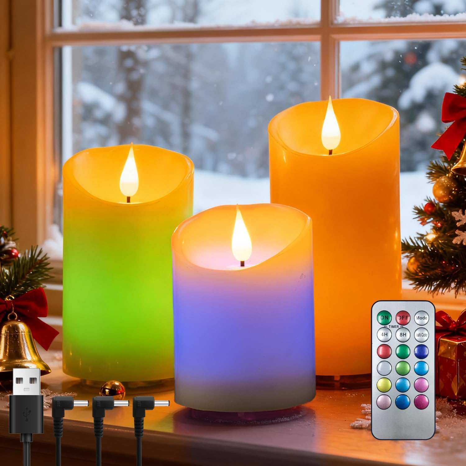 Rechargeable Coloured Candles with Distant – LED Pillar Candles with USB Charging Cable, 3D Life like Flame, Actual Wax Flameless Candles for Christmas Decor and Romantic Residence Decor – 4″ 5″ 6″ H, 2.95″ D