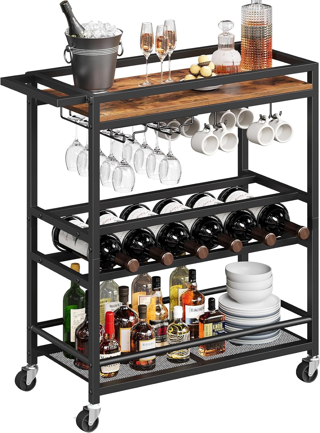 MAHANCRIS 3-Tier Rolling Bar Cart with Wine Rack, Glass Holders & Lockable Wheels - Rustic Brown/Black Serving Cart for Home