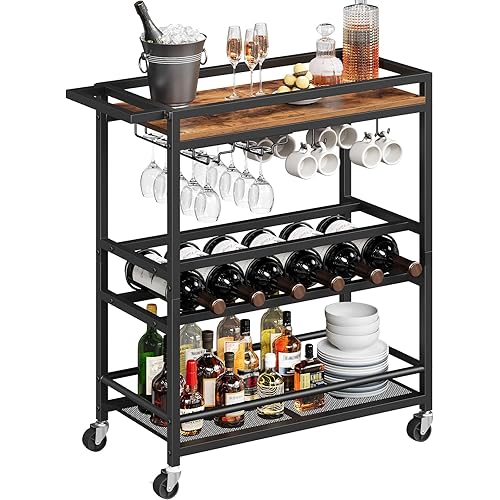 Bar Cart for Home, 3-Tier Serving Cart with Wine Rack, Rolling Wine Cart with Glass Holders, Beverage Cart, for Living Room, Dining Room, Rustic Brown and Black RCHR11801