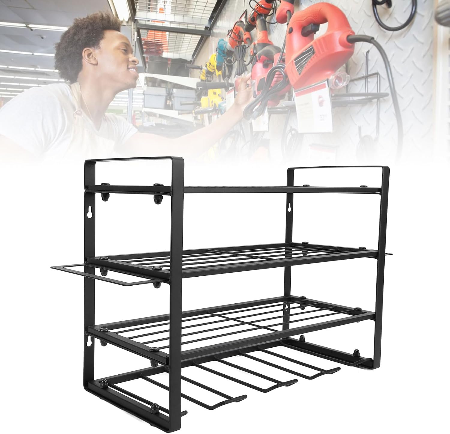Power Tool Organizer Wall Mount, 4 Layer Garage Drill Storage, Heavy Duty Metal Stand with Hammer Holder, Pliers Holder and Holder, for Garage Workshop Home Tool Organi