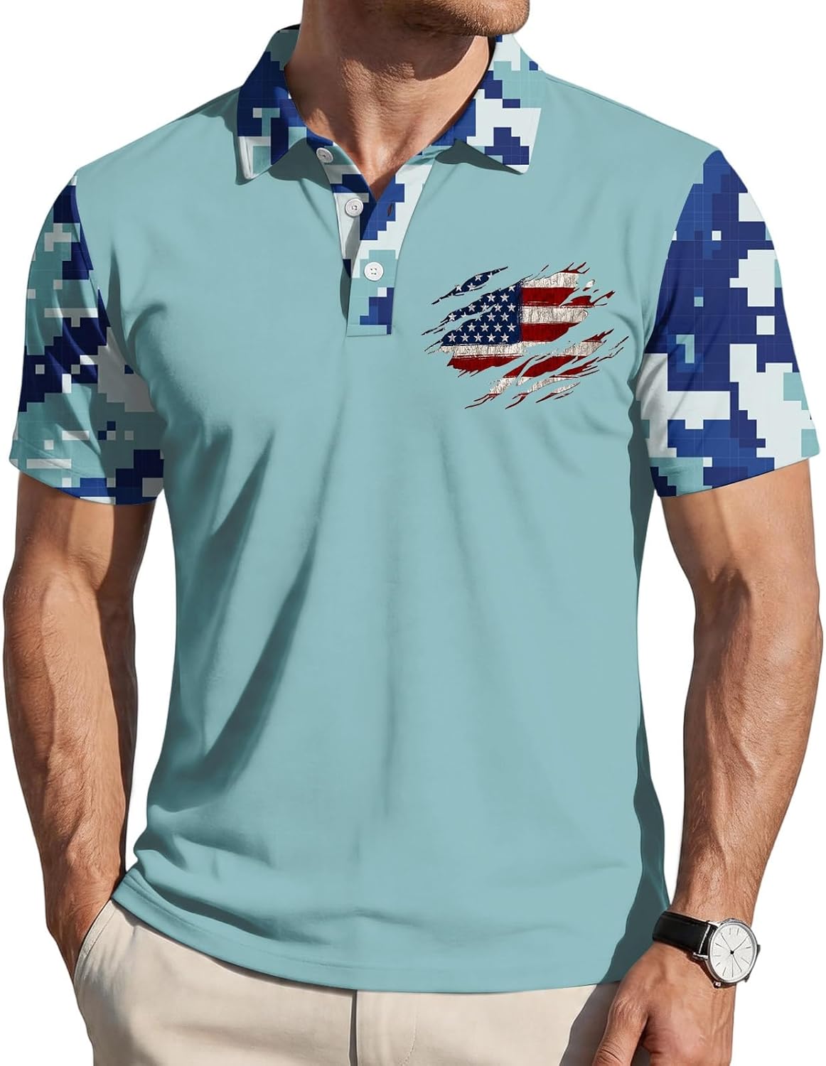 Ymosrh Men's Patriotic Polo Shirts Short Sleeve Retro America Flag Print Performance Athletic Workout Active Shirts, S-4XL