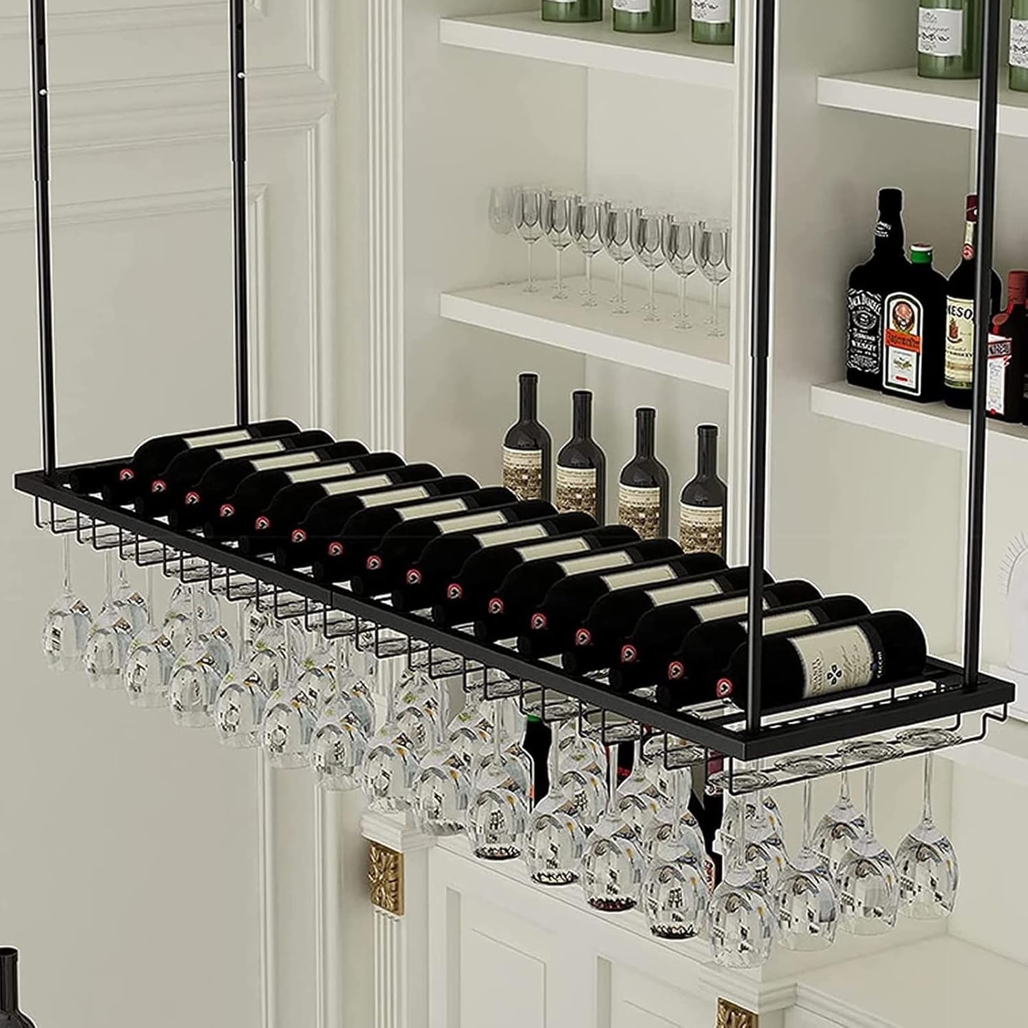 Hanging Wine Glass Holder Metal Wine Rack,Adjustable Height,Ceiling Mounted Hanging Iron Wine Bottle Holder,Stemware Goblets Holder,Wine Glass Rack,for Bars Restaurants Kitchens