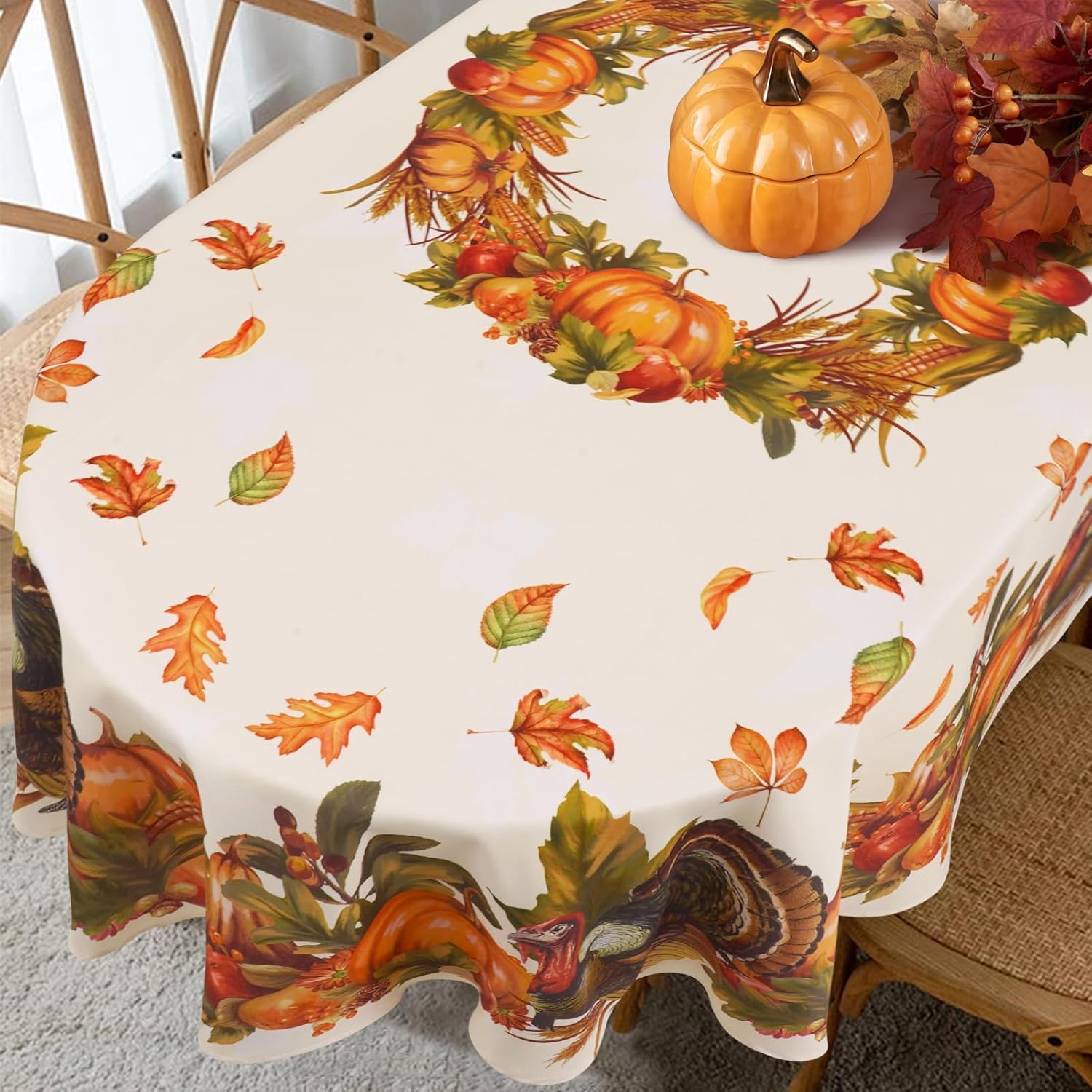 aoselan Thanksgiving Fall Tablecloth for Oval Tables Smaller Than 48 x 66 inches