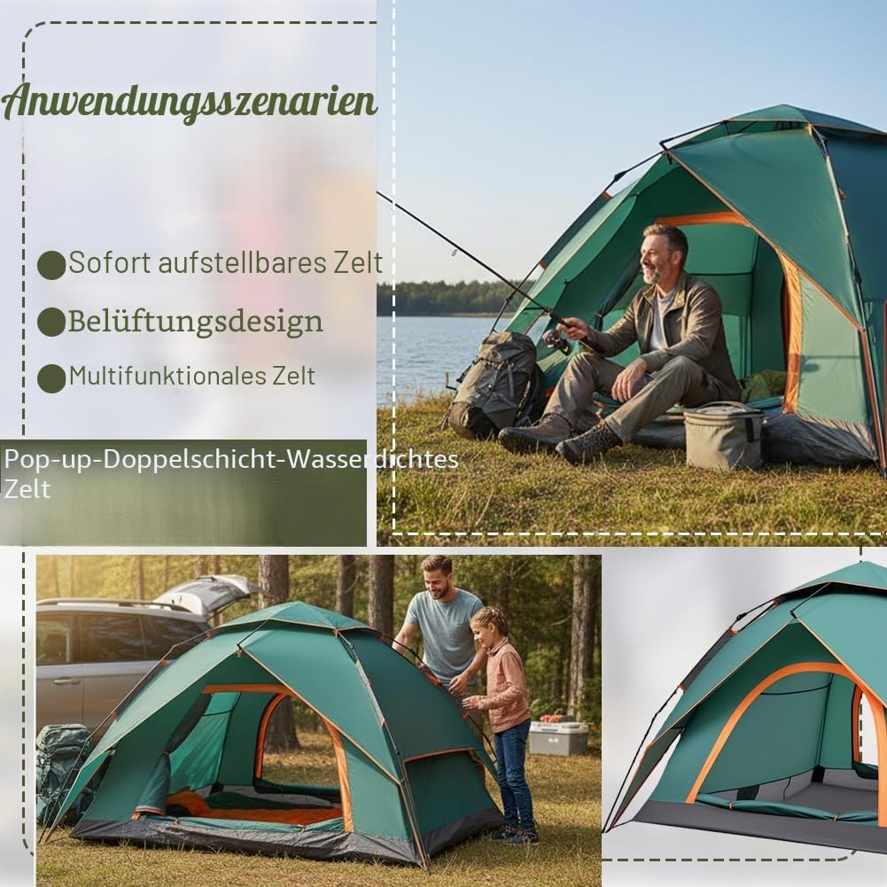 Zelt 2-4 Personen Campingzelt Pop Up - 40s Automatik Schnellaufbau 2/3 Mann Zelte Wasserdicht 3500mm & Winddicht, Doppelwand Kuppelzelt mit Regenschutz, Wurfzelt Zelt für Camping, Trekking & Wandern